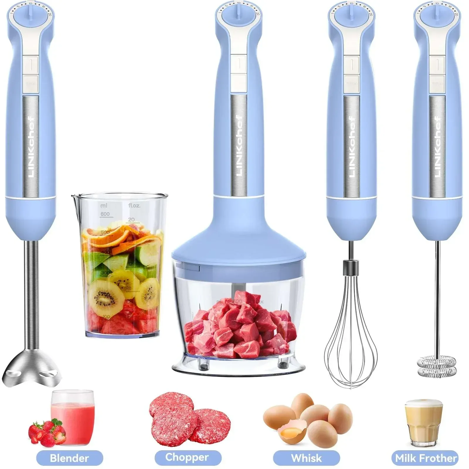 LINKChef Immersion Blender, 20-Speed 1000W 5-in-1 Immersion Hand Blender, Stick Blender with Turbo Mode, Baby Food Processor with Chopper, Blender for Kitchen with 600ml Beaker (White) - Image 11