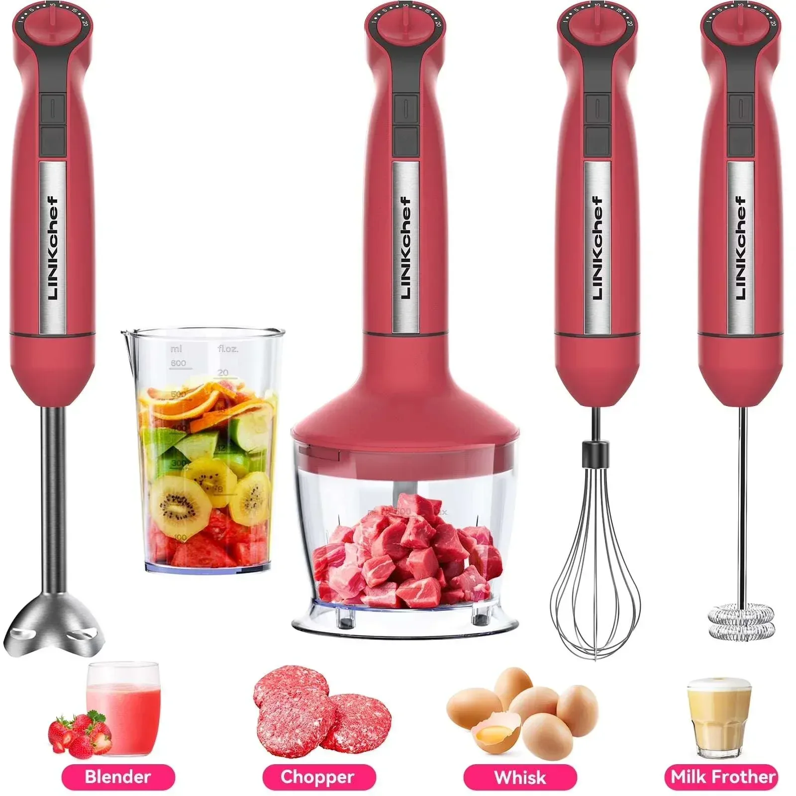 LINKChef Immersion Blender, 20-Speed 1000W 5-in-1 Immersion Hand Blender, Stick Blender with Turbo Mode, Baby Food Processor with Chopper, Blender for Kitchen with 600ml Beaker (White) - Image 14