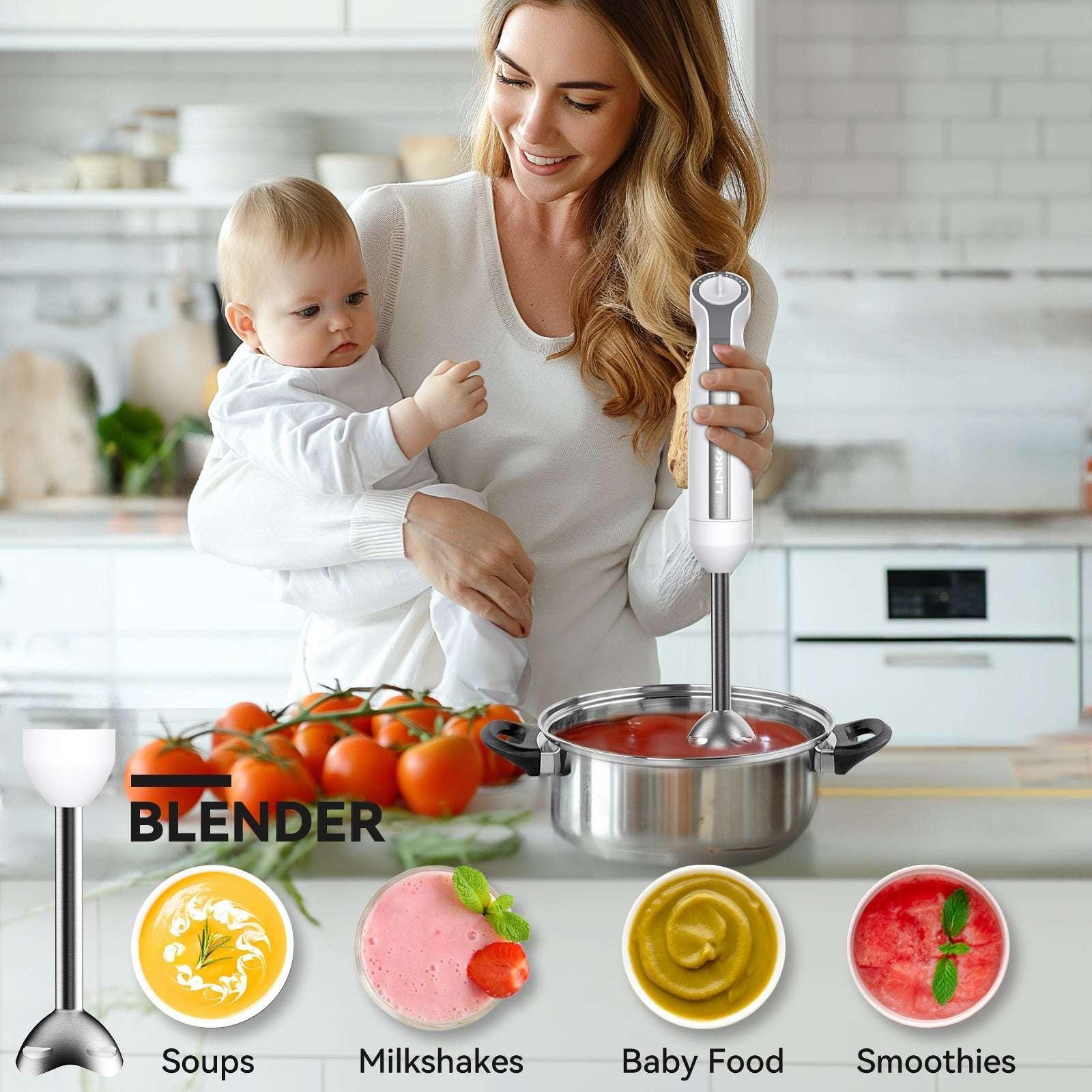 LINKChef Immersion Blender, 20-Speed 1000W 5-in-1 Immersion Hand Blender, Stick Blender with Turbo Mode, Baby Food Processor with Chopper, Blender for Kitchen with 600ml Beaker (White) - Image 4