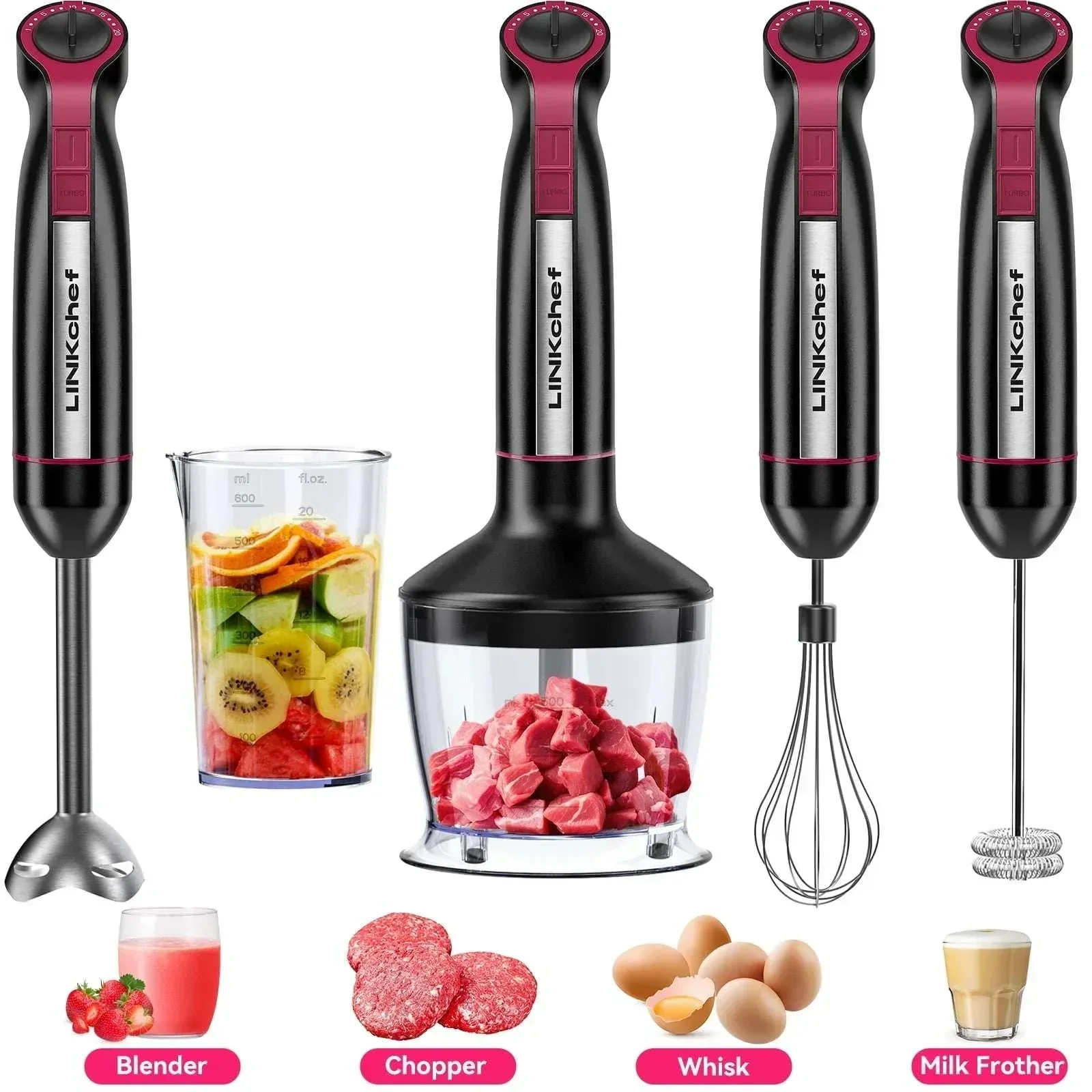 LINKChef Immersion Blender, 20-Speed 1000W 5-in-1 Immersion Hand Blender, Stick Blender with Turbo Mode, Baby Food Processor with Chopper, Blender for Kitchen with 600ml Beaker (White) - Image 8