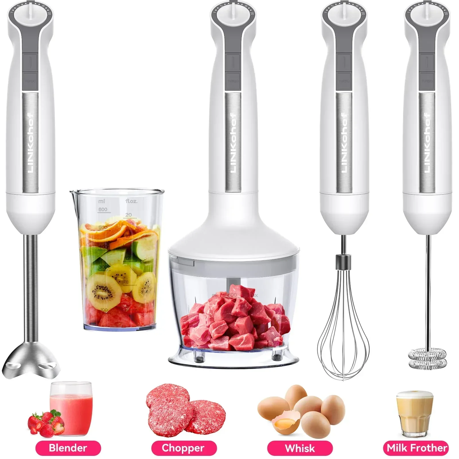 LINKChef Immersion Blender, 20-Speed 1000W 5-in-1 Immersion Hand Blender, Stick Blender with Turbo Mode, Baby Food Processor with Chopper, Blender for Kitchen with 600ml Beaker (White) - Image 9