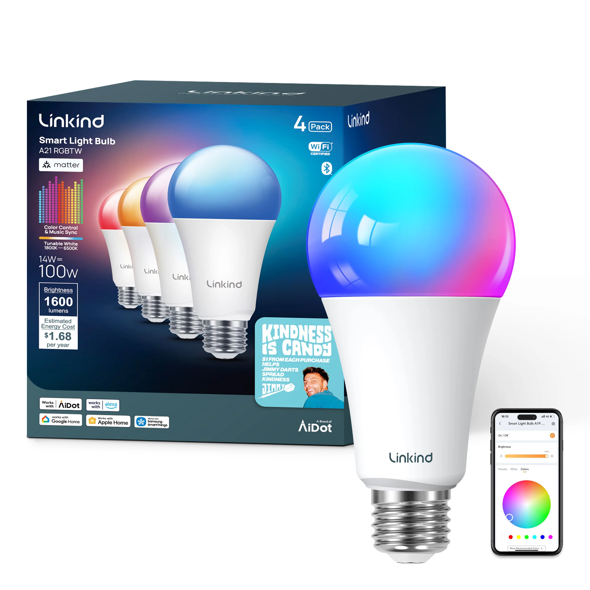 Linkind A21 Matter Smart Light Bulb, Color Changing Smart Bulb, 14W, 1600lm, E26 Base (1 Pack), 2025 Upgraded - Image 11