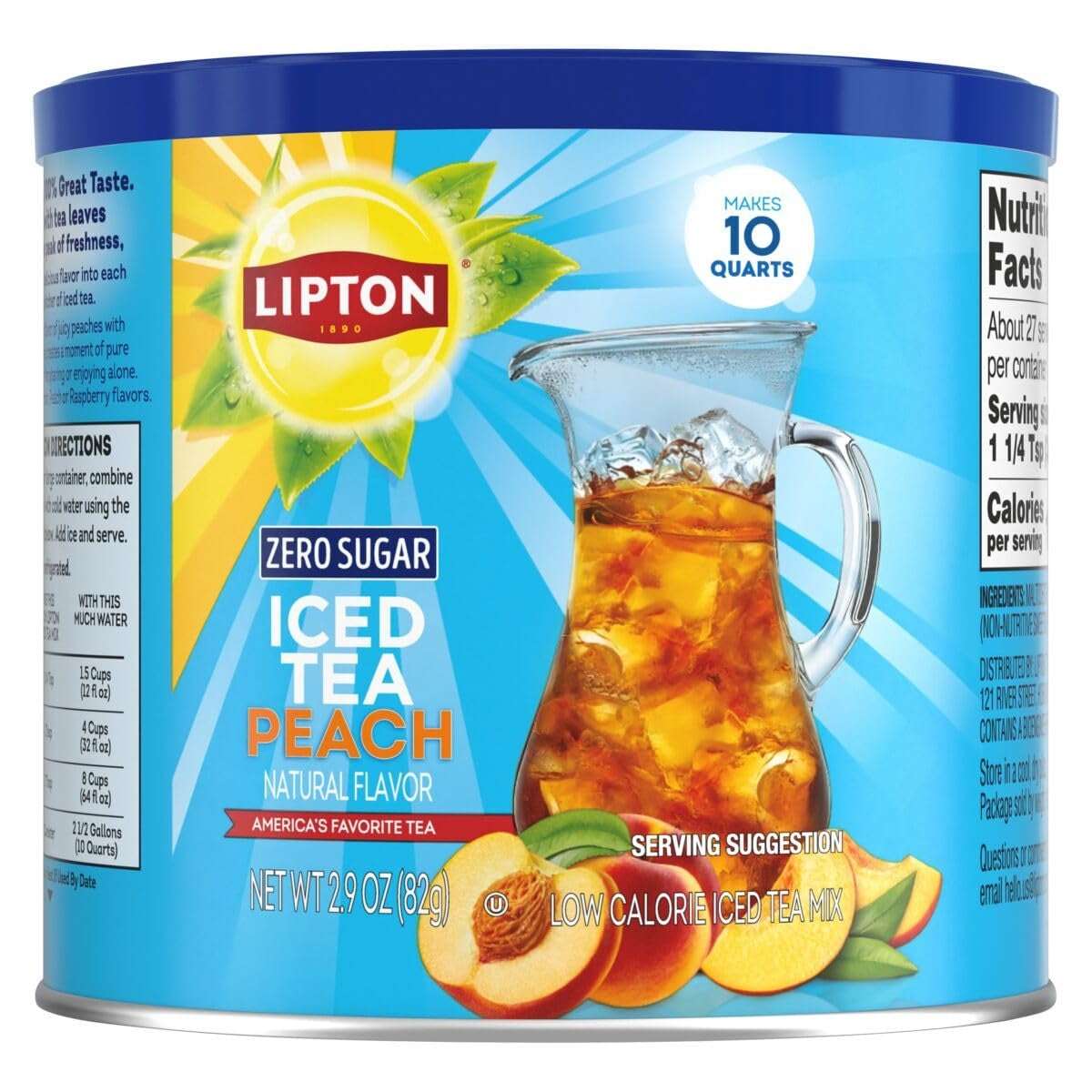 Lipton Zero Sugar Iced Tea Mix, Peach Flavor Black Iced Tea, Makes 10 Quarts