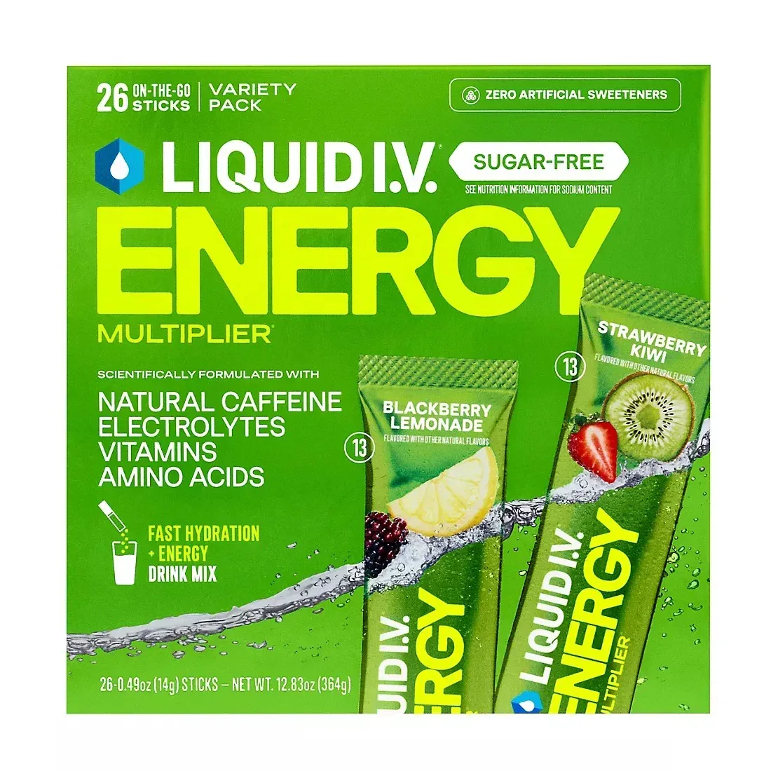 Liquid I.V. Energy Multiplier Sugar-Free Drink Mix, Strawberry Kiwi & Blackberry Lemonade, Sticks, 26 ct.