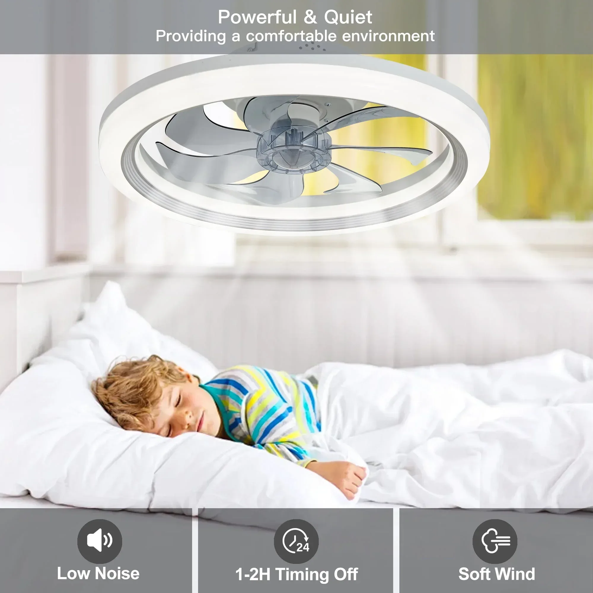 LISUNAR Ceiling Fans with Lights and Remote,20" Low Profile Ceiling Fan with Light,Dimmable LED Smart Ceiling Fan,Modern Flush Mount Fan Light,Bladeless Ceiling Fans for Bedroom,Living Room-White - Image 4
