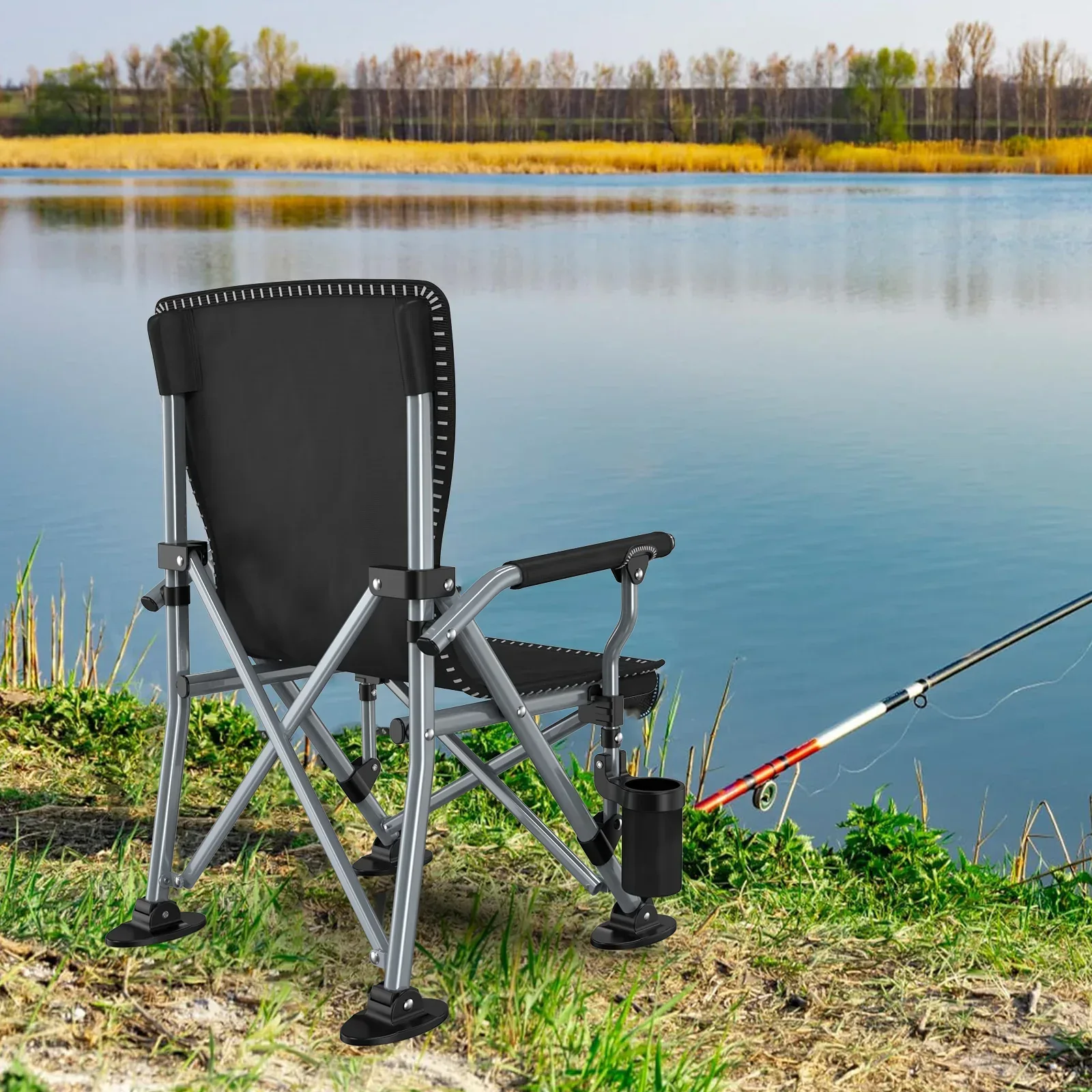 LNOW Folding Camping Chair with Cup Holder & Side Pocket Lightweight Portable Chairs for Beach, Sports, Fishing, ‌‌Black - Image 10