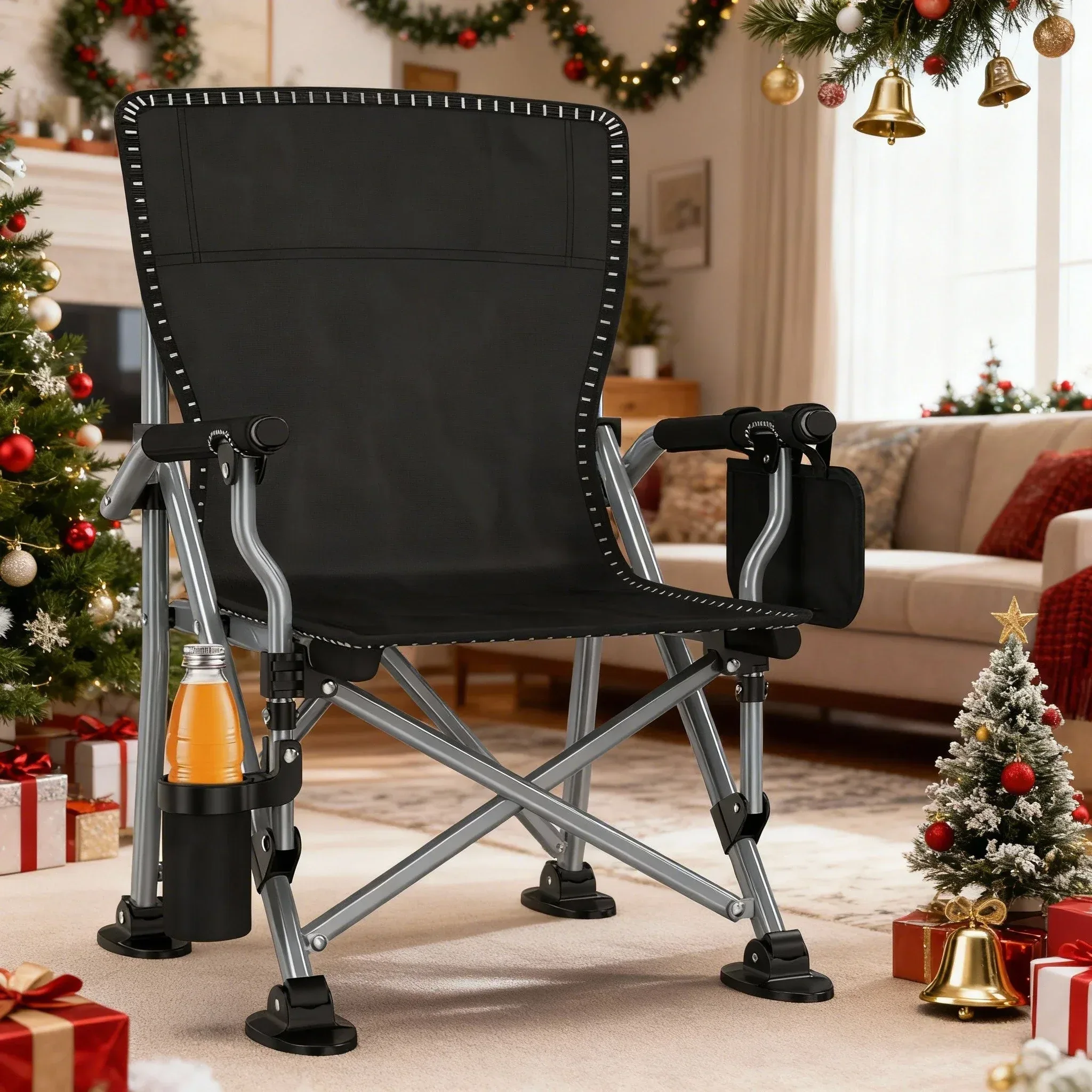 LNOW Folding Camping Chair with Cup Holder & Side Pocket Lightweight Portable Chairs for Beach, Sports, Fishing, ‌‌Black - Image 11