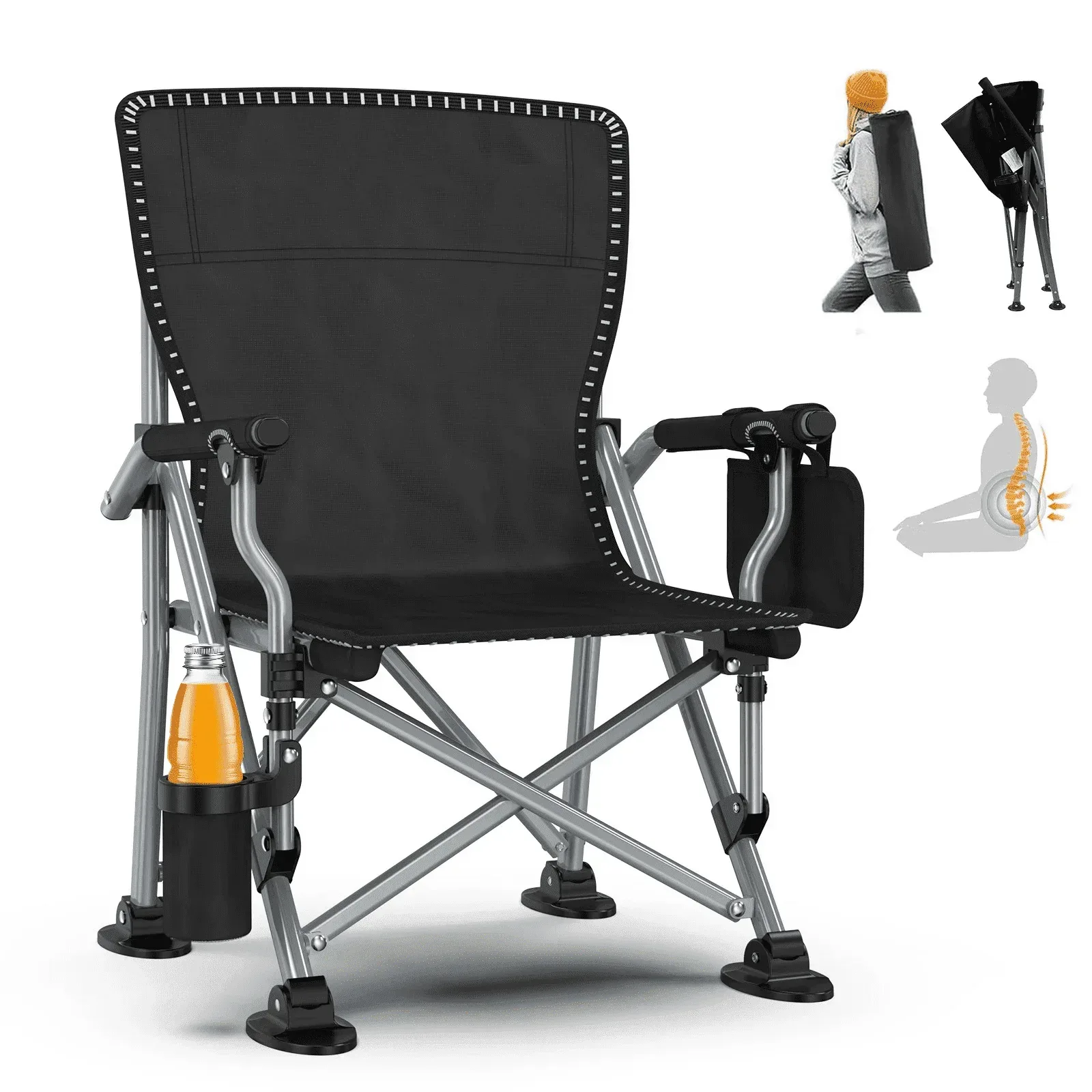 LNOW Folding Camping Chair with Cup Holder & Side Pocket Lightweight Portable Chairs for Beach, Sports, Fishing, ‌‌Black - Image 12