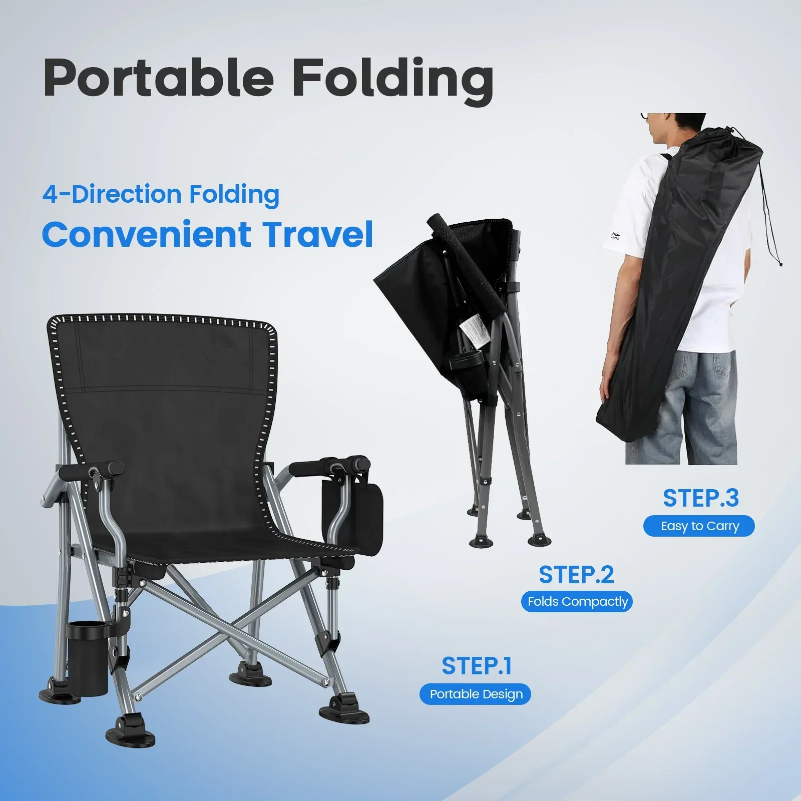 LNOW Folding Camping Chair with Cup Holder & Side Pocket Lightweight Portable Chairs for Beach, Sports, Fishing, ‌‌Black - Image 5