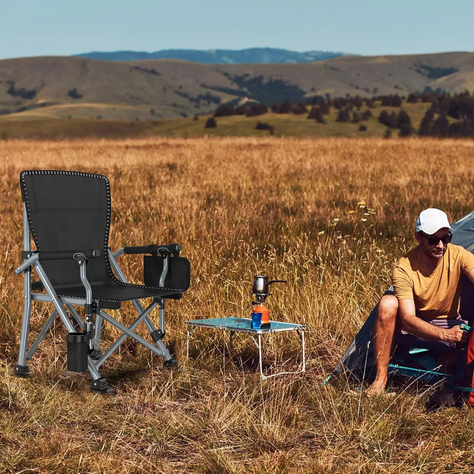 LNOW Folding Camping Chair with Cup Holder & Side Pocket Lightweight Portable Chairs for Beach, Sports, Fishing, ‌‌Black - Image 9