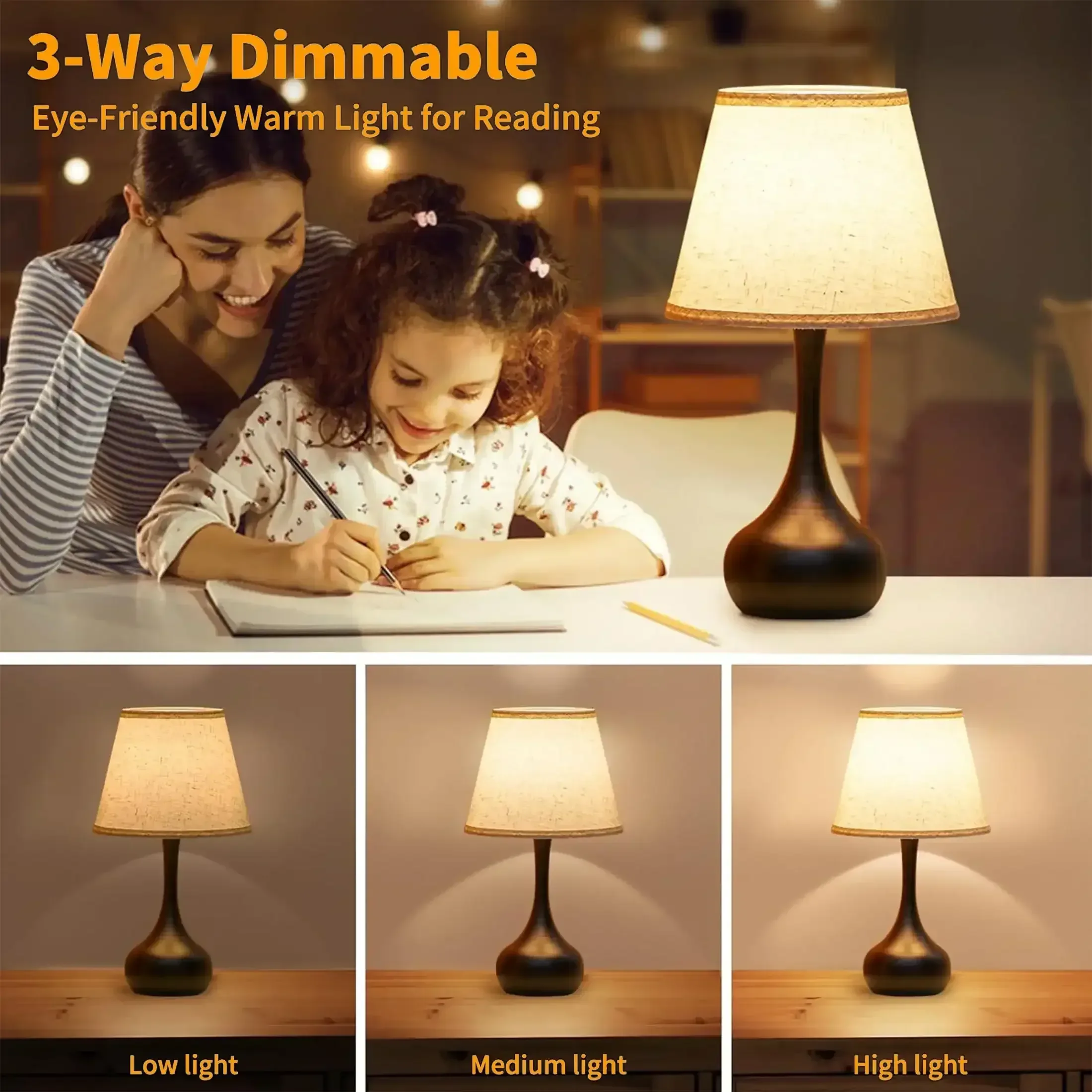 LOFTER-PRO Touch Table Lamps for Bedroom, 3-Way Dimmable Bedside Lamp - Home Decor, Touch Controlled Small Light For Bedroom, Living Room, Office, Desk (Including LED Bulbs) - Image 2