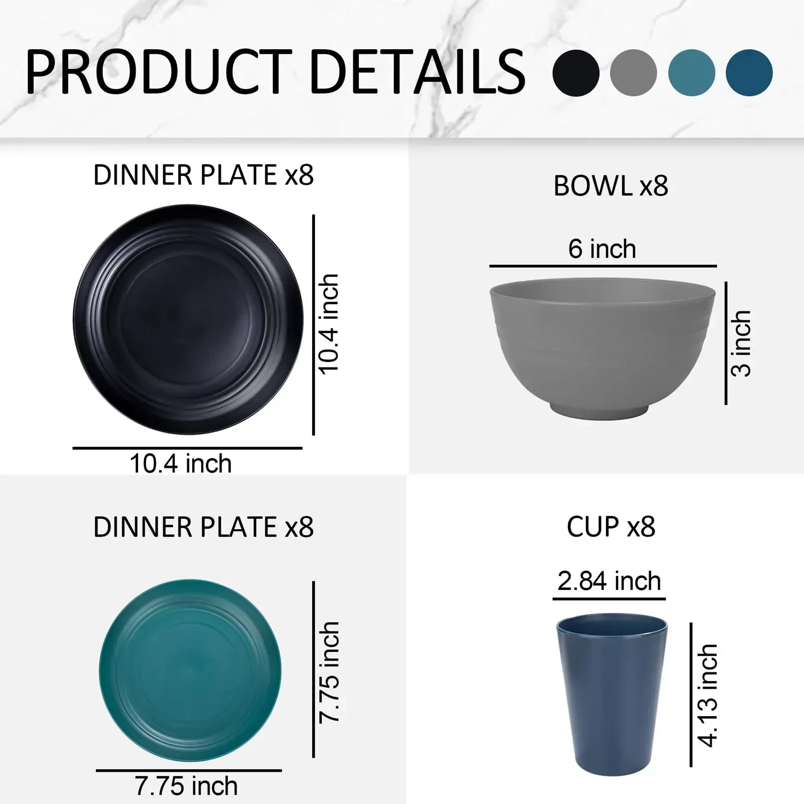LVL Wheat Straw Dinnerware, Microwave Dishwasher Safe, Unbreakable Light Weight Plates Service For 8, Reusable Tableware Set, Multicolor Set 16pcs Plates, 8pcs Bowls, 8pcs Cups- Black - Image 2
