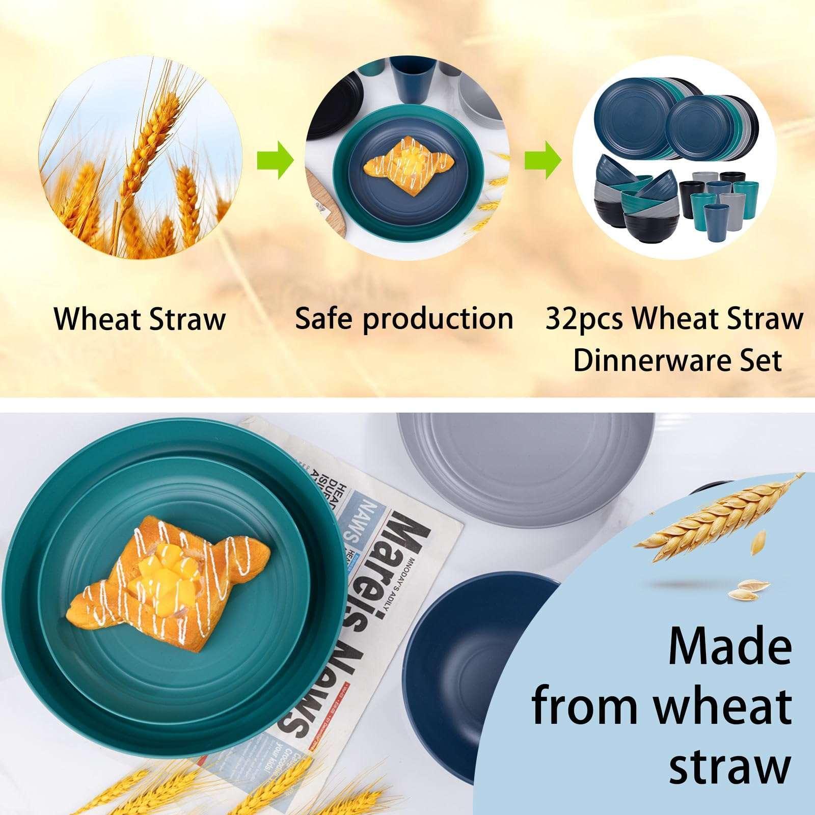 LVL Wheat Straw Dinnerware, Microwave Dishwasher Safe, Unbreakable Light Weight Plates Service For 8, Reusable Tableware Set, Multicolor Set 16pcs Plates, 8pcs Bowls, 8pcs Cups- Black - Image 4