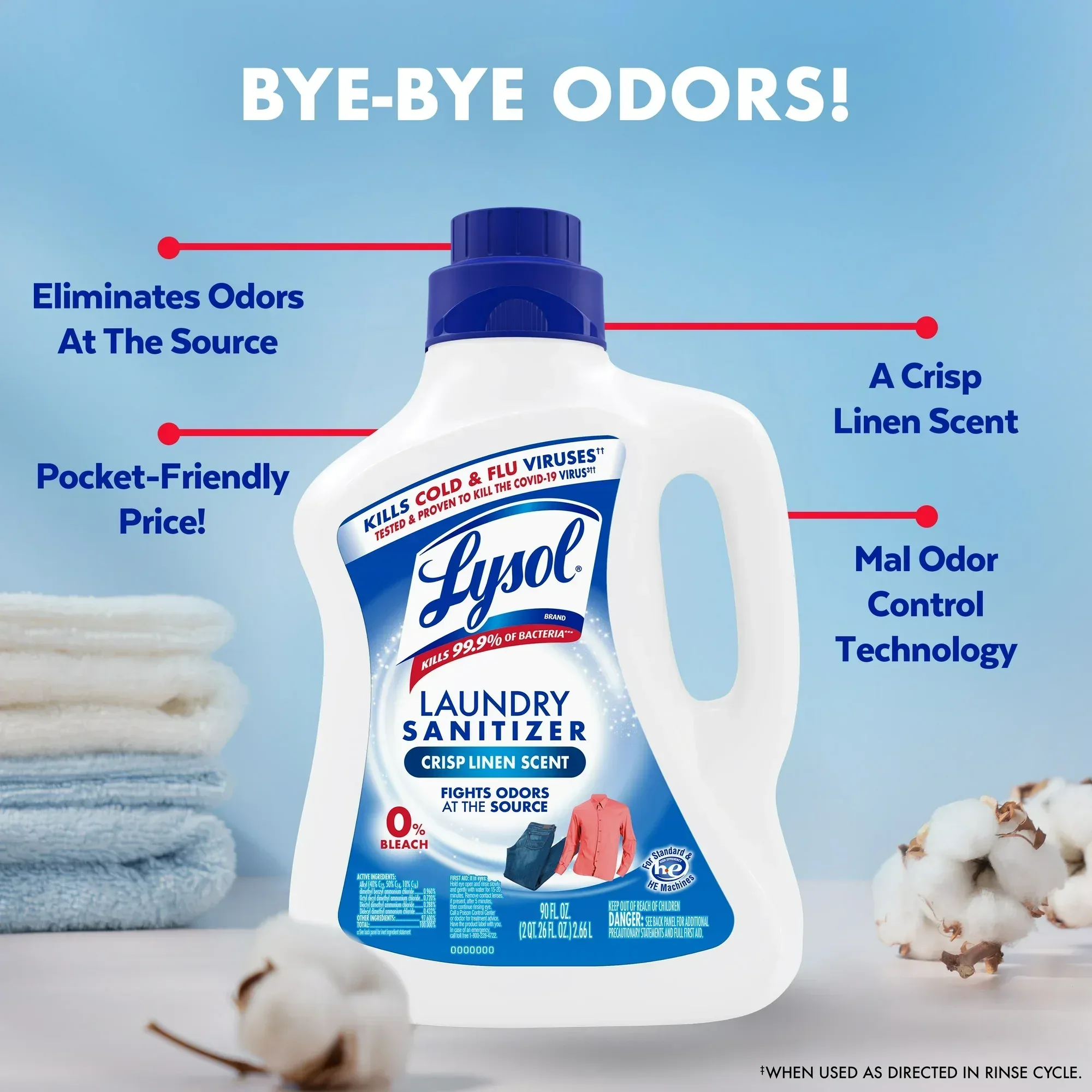 Lysol® Laundry Sanitizer Additive, Laundry Detergent Additive, 0% Bleach, Crisp Linen Scent, 90 oz - Image 8