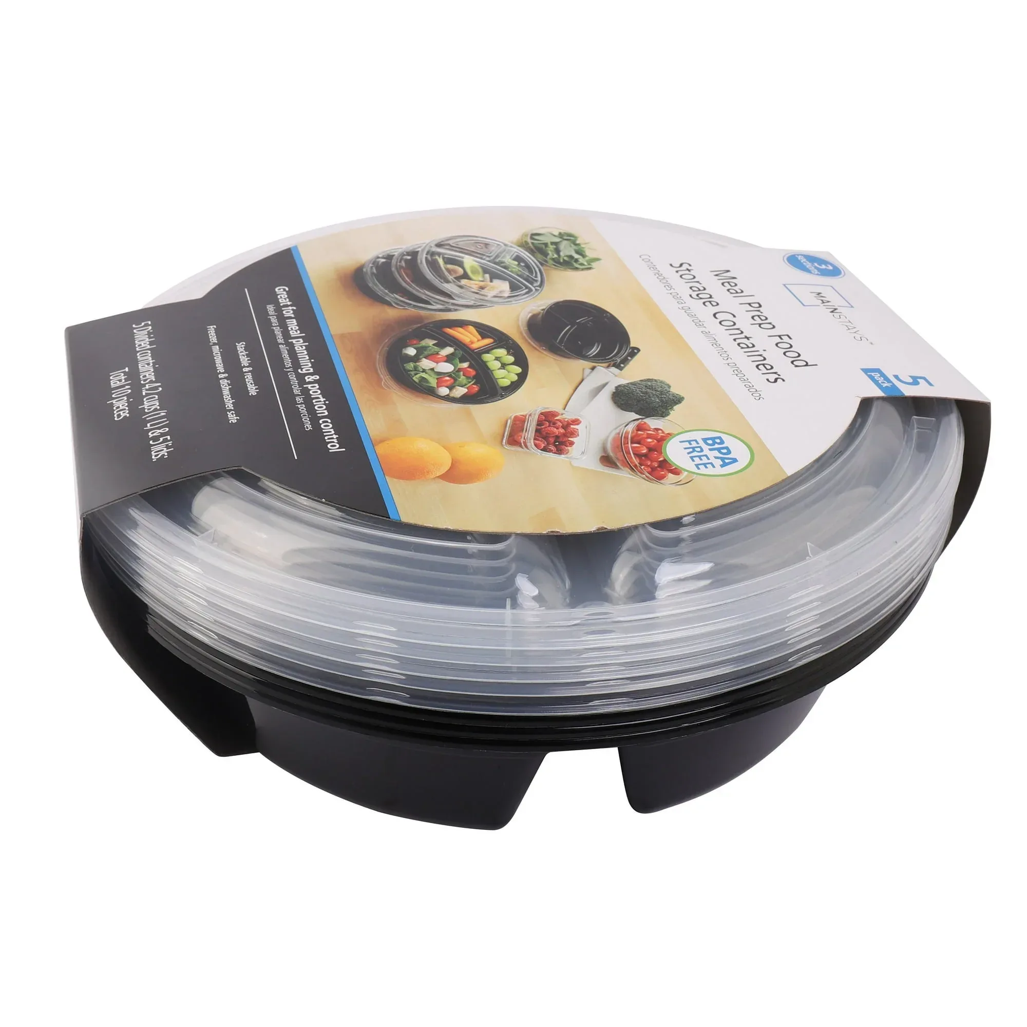 Mainstays 3-Compartment 1L Round Meal Prep Food Storage Container, 5 Pack - Image 2