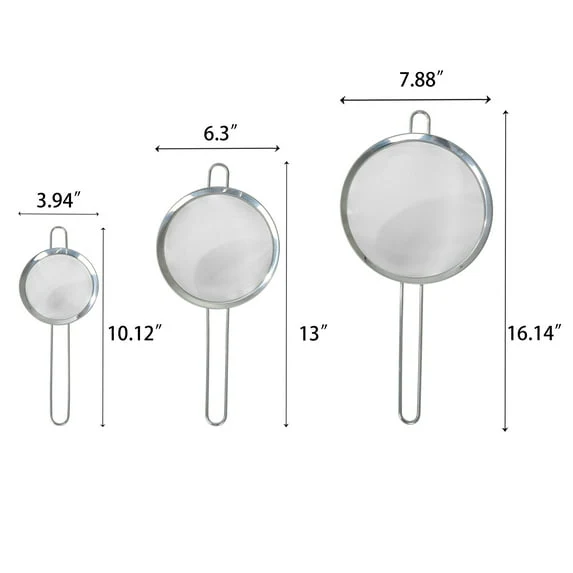 Mainstays 3 Pack Premium Stainless Steel Fine Mesh Strainers, 4", 6", and 8", Silver