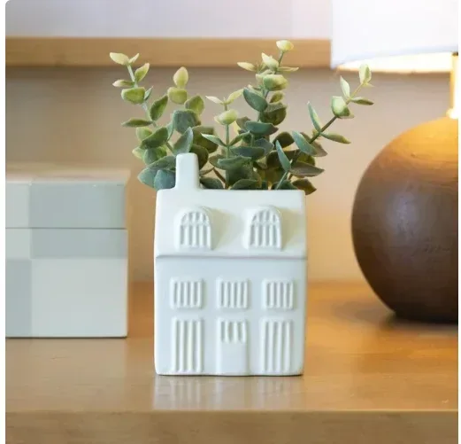 Mainstays 3" Tabletop Artificial Baby Eucalyptus in Ceramic House Planter, White - Image 3