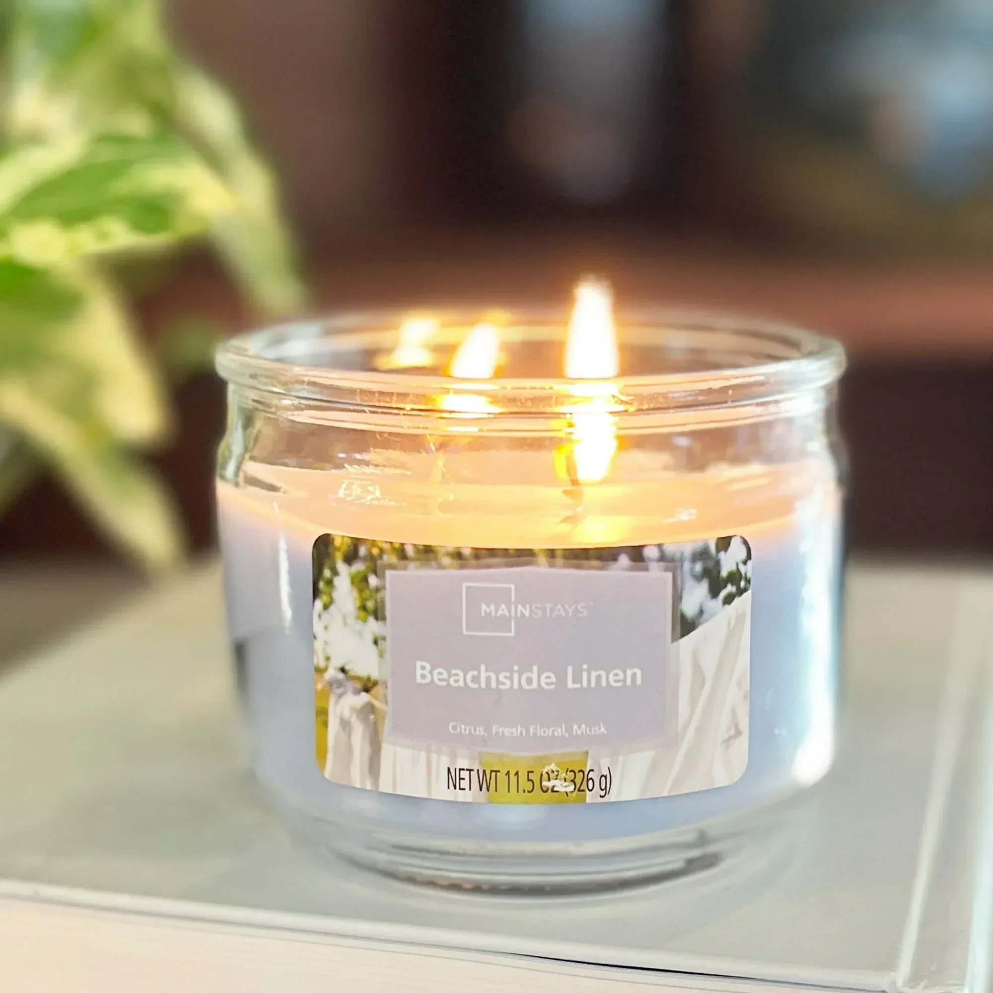Mainstays 3-Wick Glass Jar Candle, Beachside Linen, Blue, 11.5 oz - Image 2