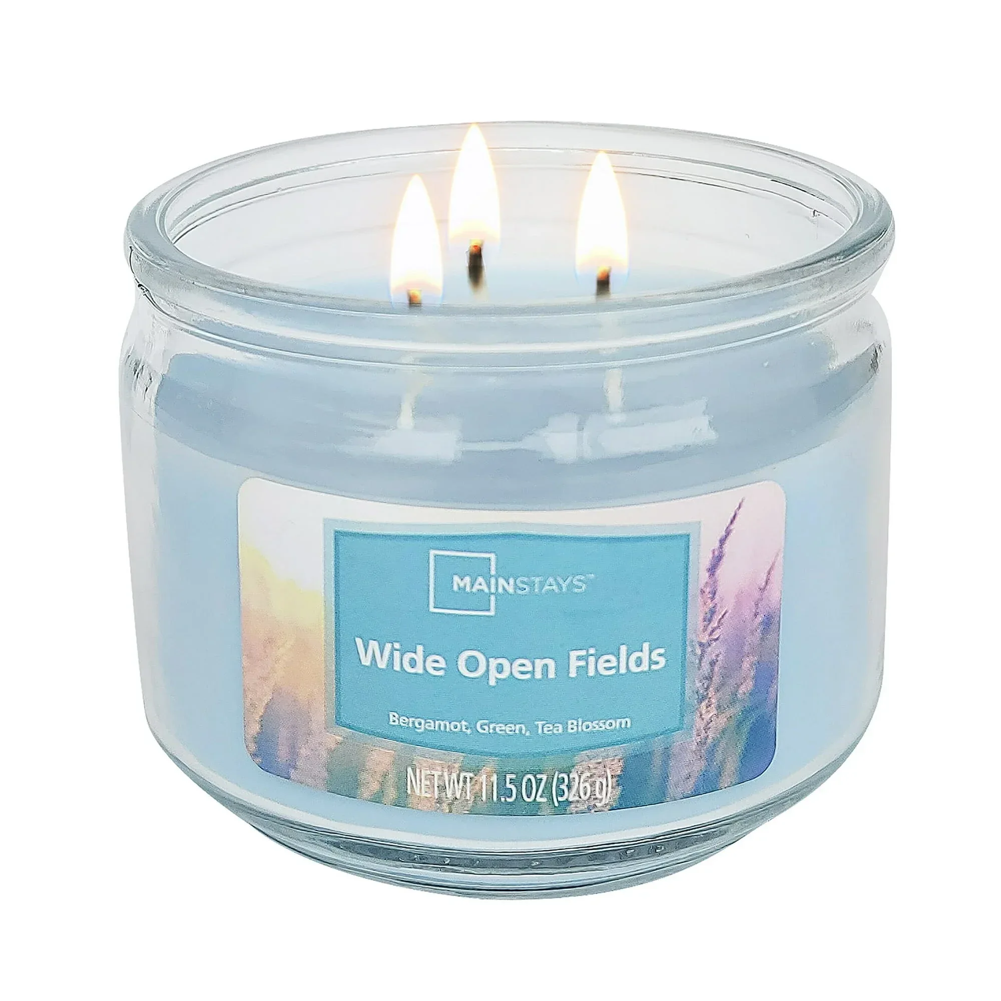 Mainstays 3-Wick Glass Jar Candle, Wide Open Fields, Corydalis Blue, 11.5 oz - Image 4