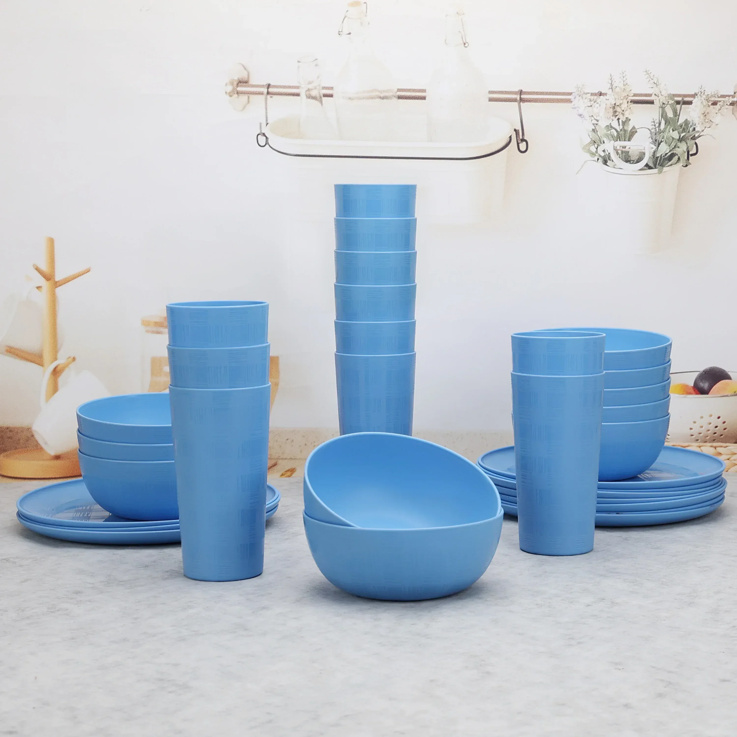 Mainstays 30-Piece Blue Etched Checkered Plastic Dinnerware Set, Includes 10 Plates, 10 Bowls, 10 Tumblers - Image 2