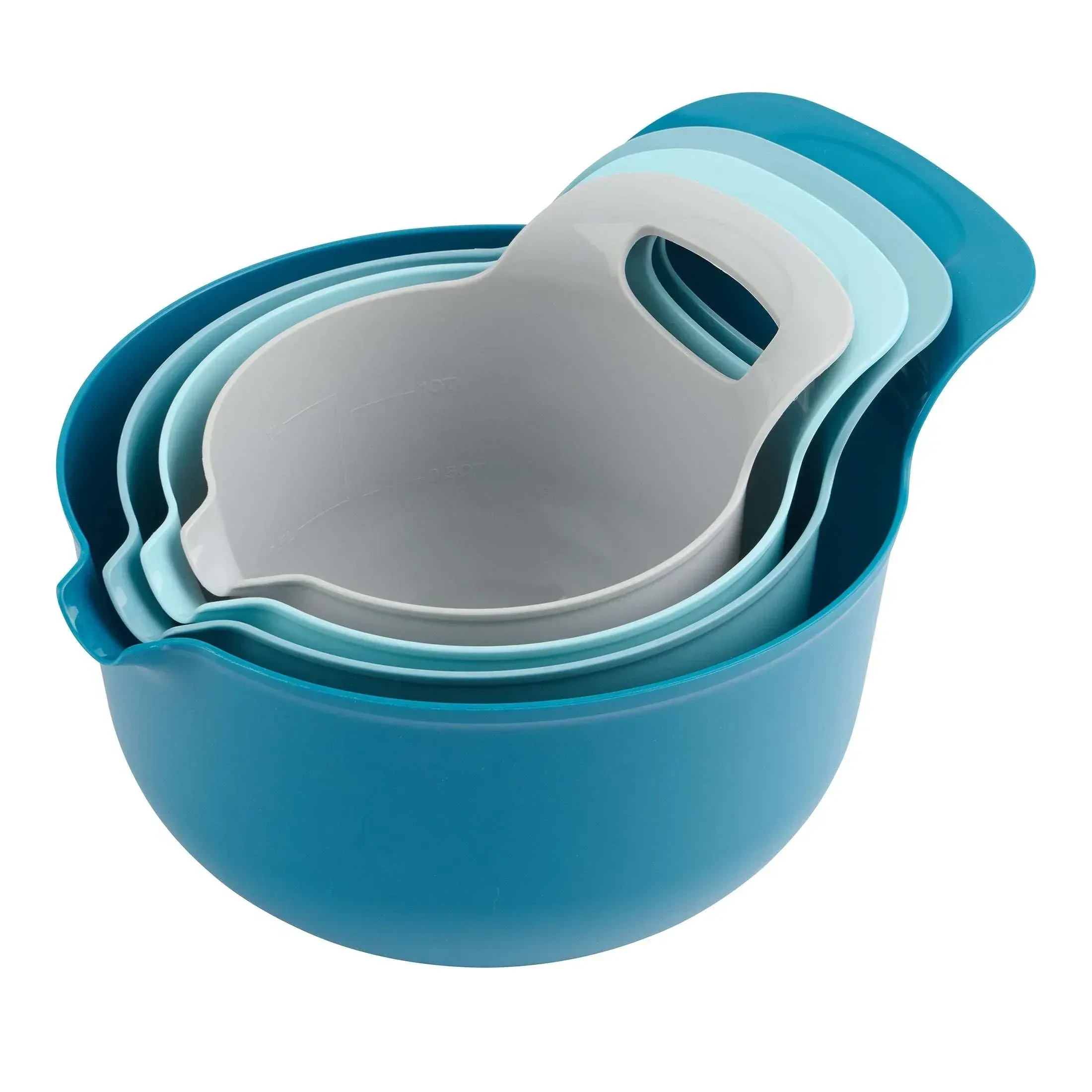 Mainstays 4 Piece Nesting Plastic Mixing Bowl Set with Pour Spouts and Handles, Blue - Image 7