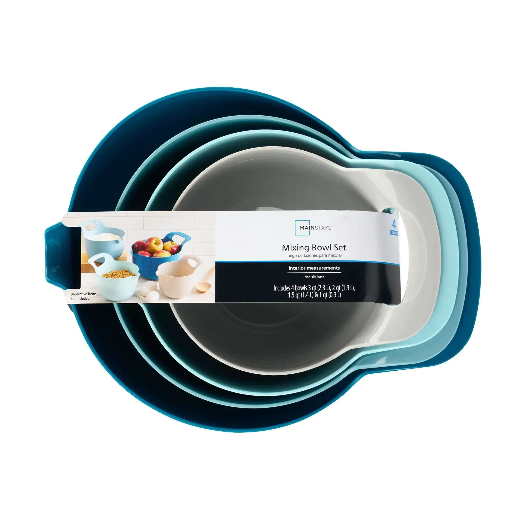 Mainstays 4 Piece Nesting Plastic Mixing Bowl Set with Pour Spouts and Handles, Blue - Image 9
