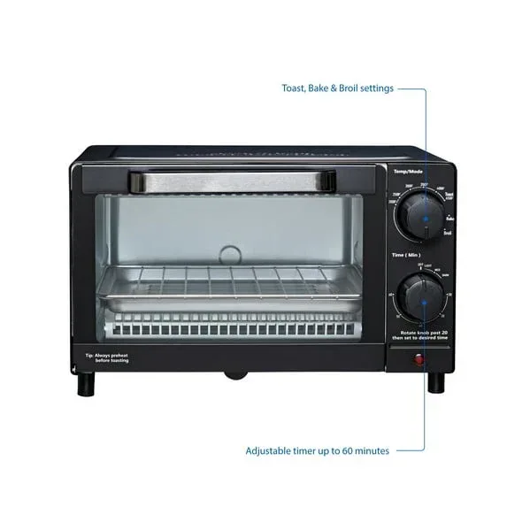 Mainstays 4-Slice Countertop Toaster Oven with 3 Settings, Includes Baking Rack and Pan, Black, New - Image 3