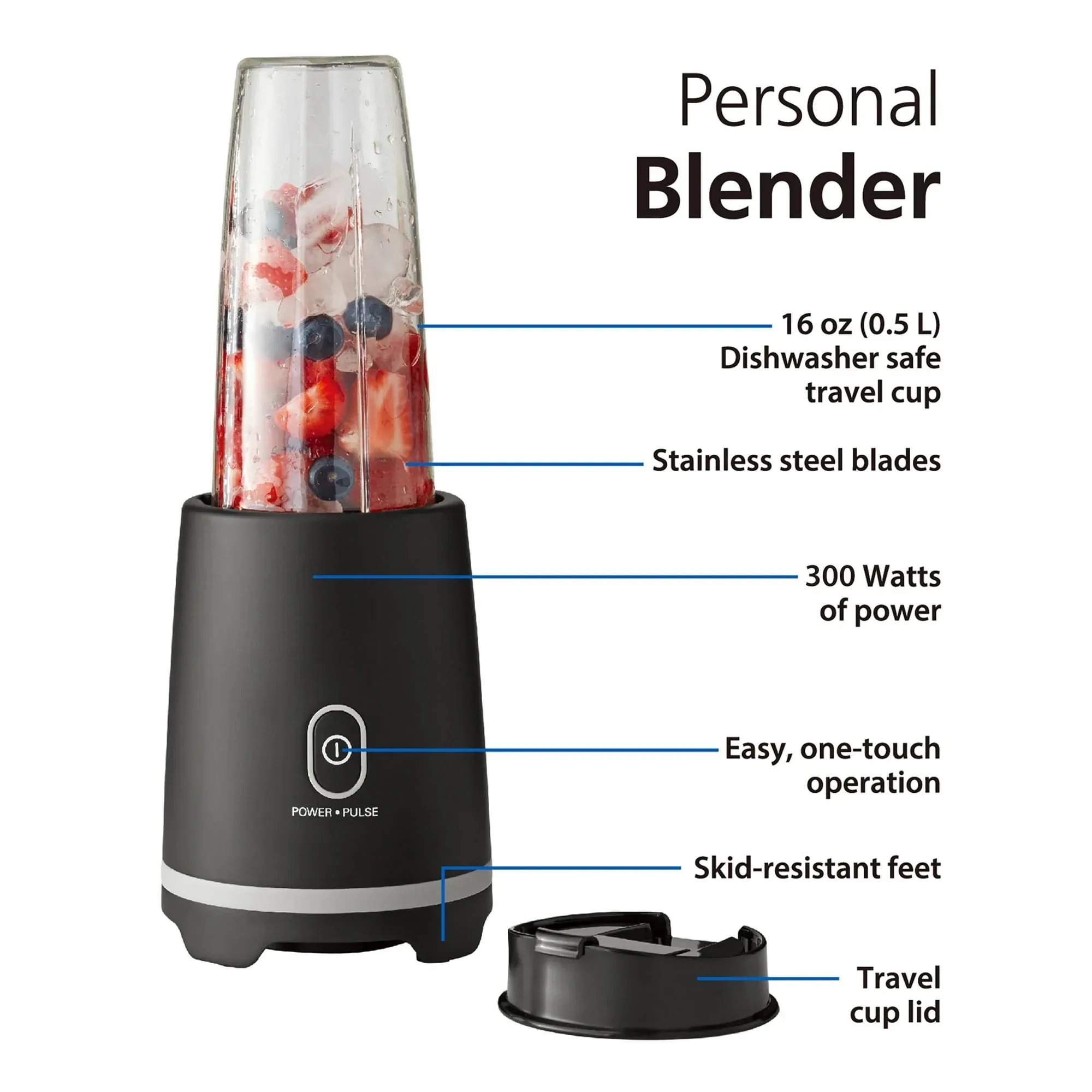 Mainstays Black Single-Serve Blender with 1 Travel Lid, 16 oz, New - Image 7