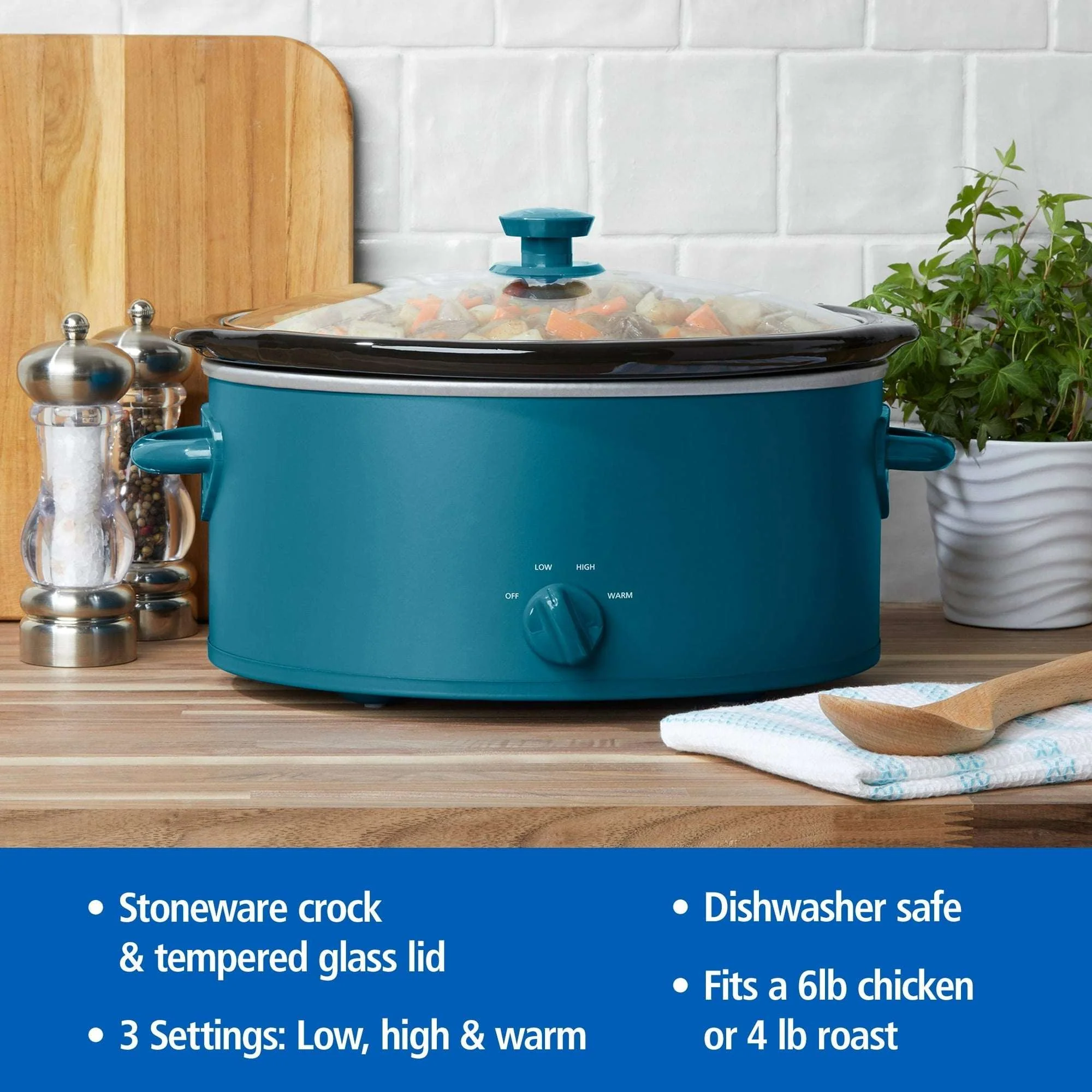 Mainstays Corsair Blue 6 Quart Oval Slow Cooker with Glass Lid - Image 4