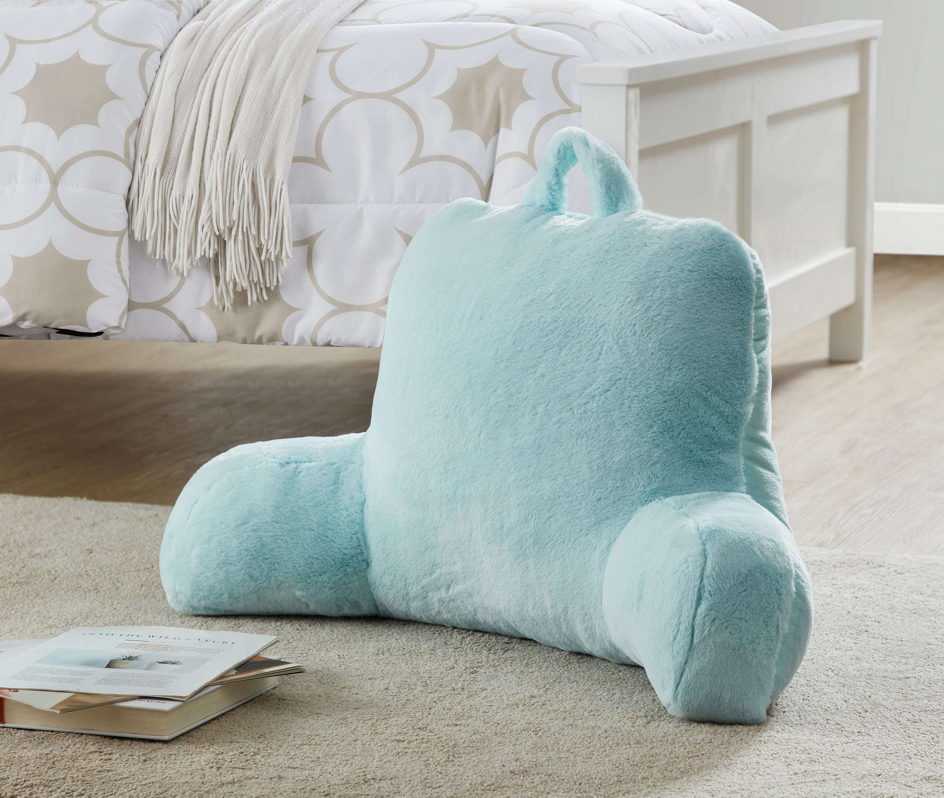 Mainstays Faux Fur Plush Backrest Pillow, Specialty Size, Aqua - Image 2