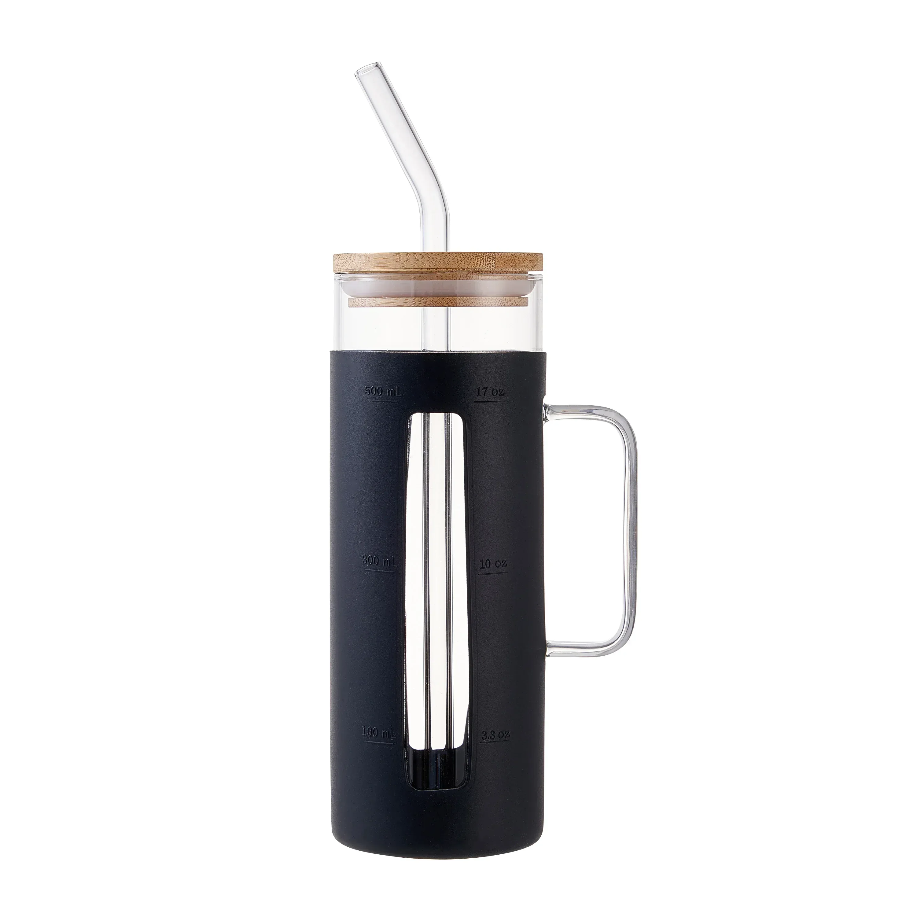 Mainstays Glass 22oz Tumbler with Black Protective Silicone Sleeve, Bamboo lid, Glass Straw
