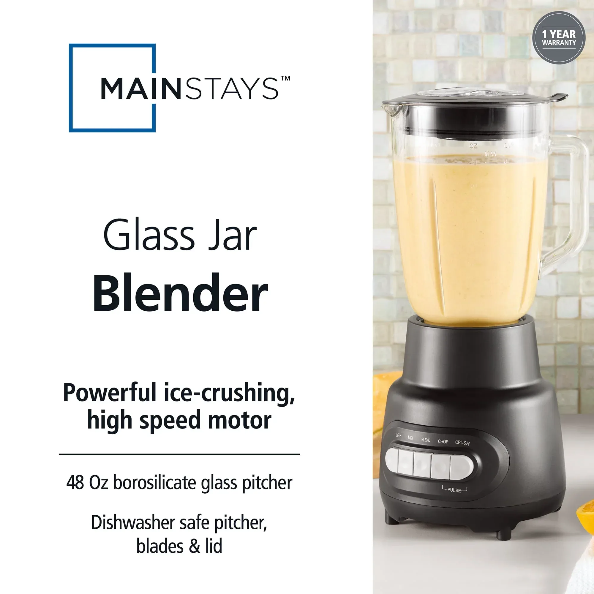 Mainstays Glass Jar 5 Speed Blender with 6-Cup Jar (48Oz) Capacity,New - Image 2