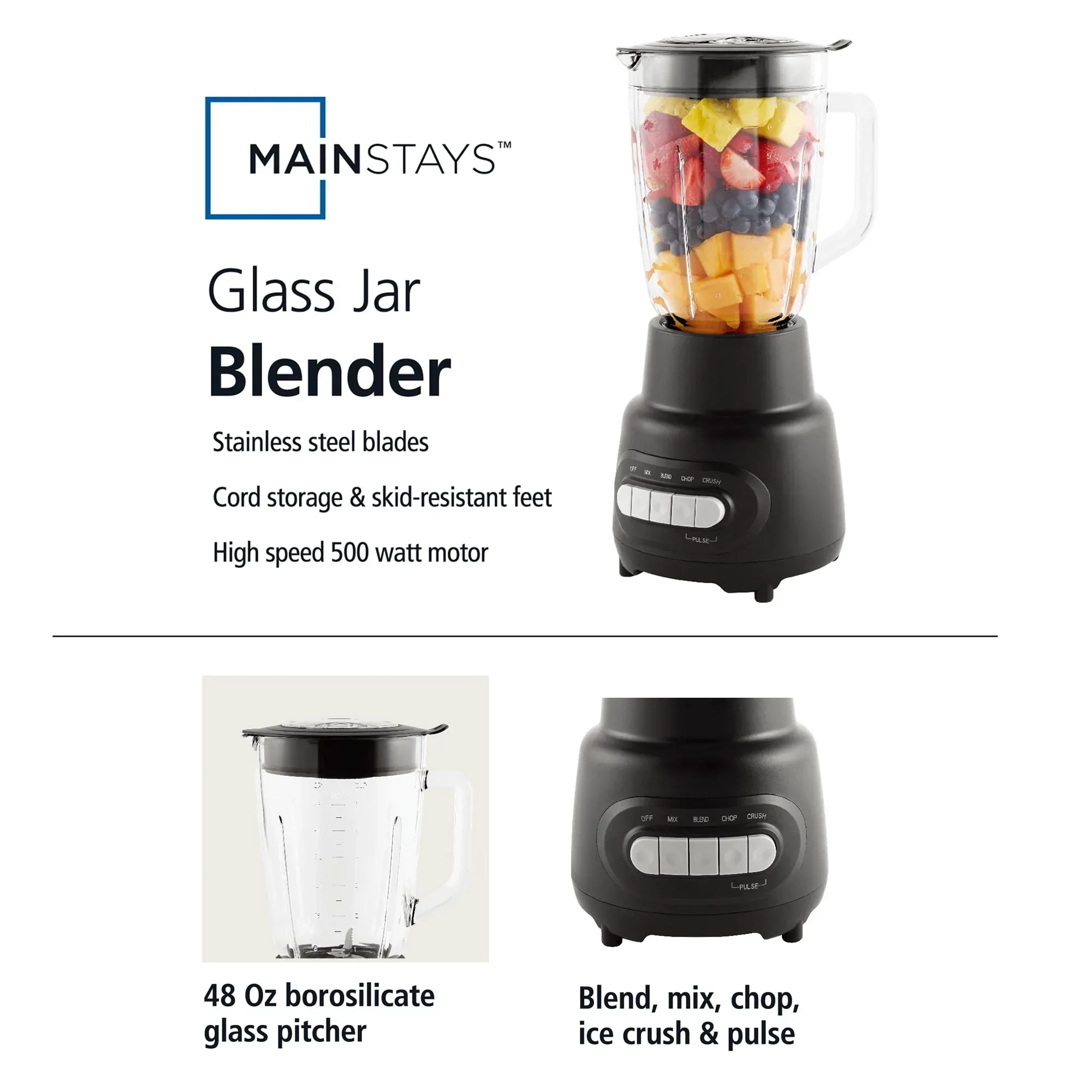 Mainstays Glass Jar 5 Speed Blender with 6-Cup Jar (48Oz) Capacity,New - Image 3