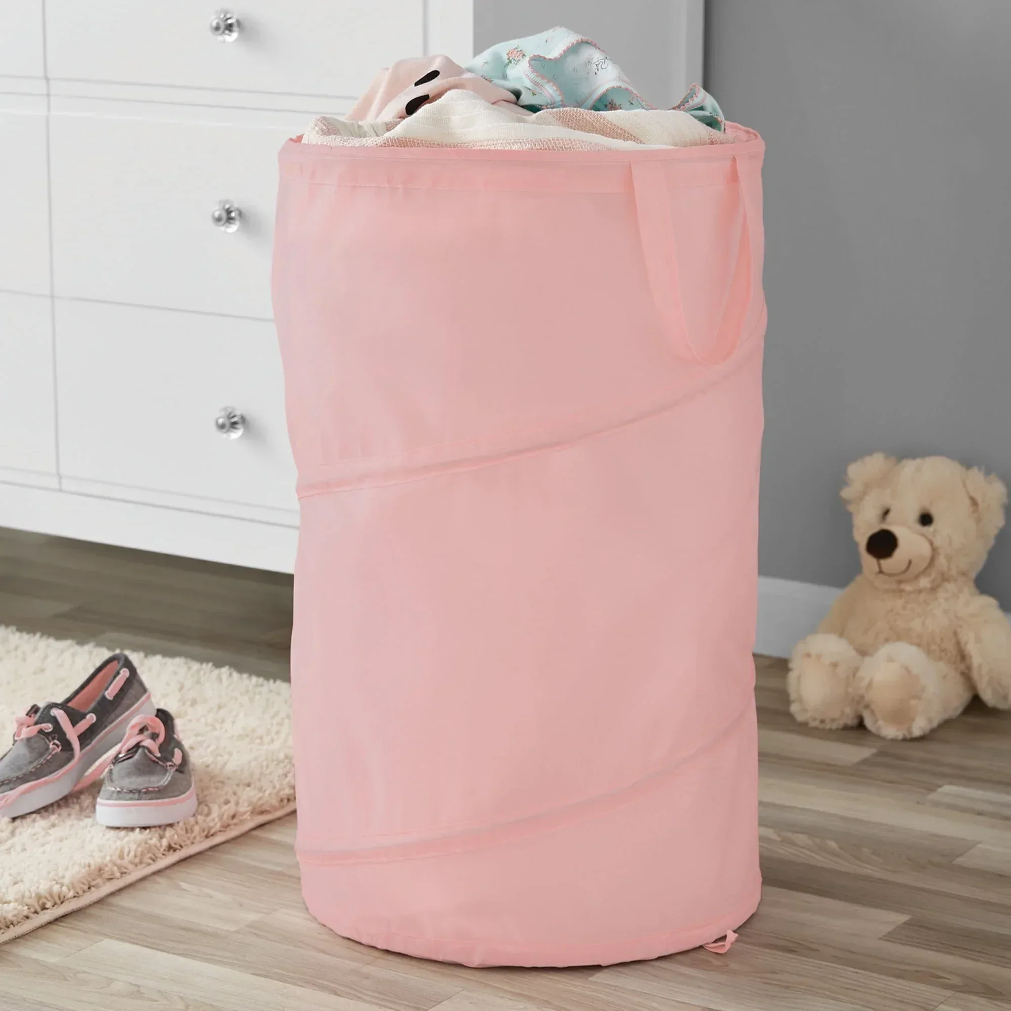 Mainstays Pop-Up Spiral Polyester Laundry Hamper, Pink, Adult - Image 2
