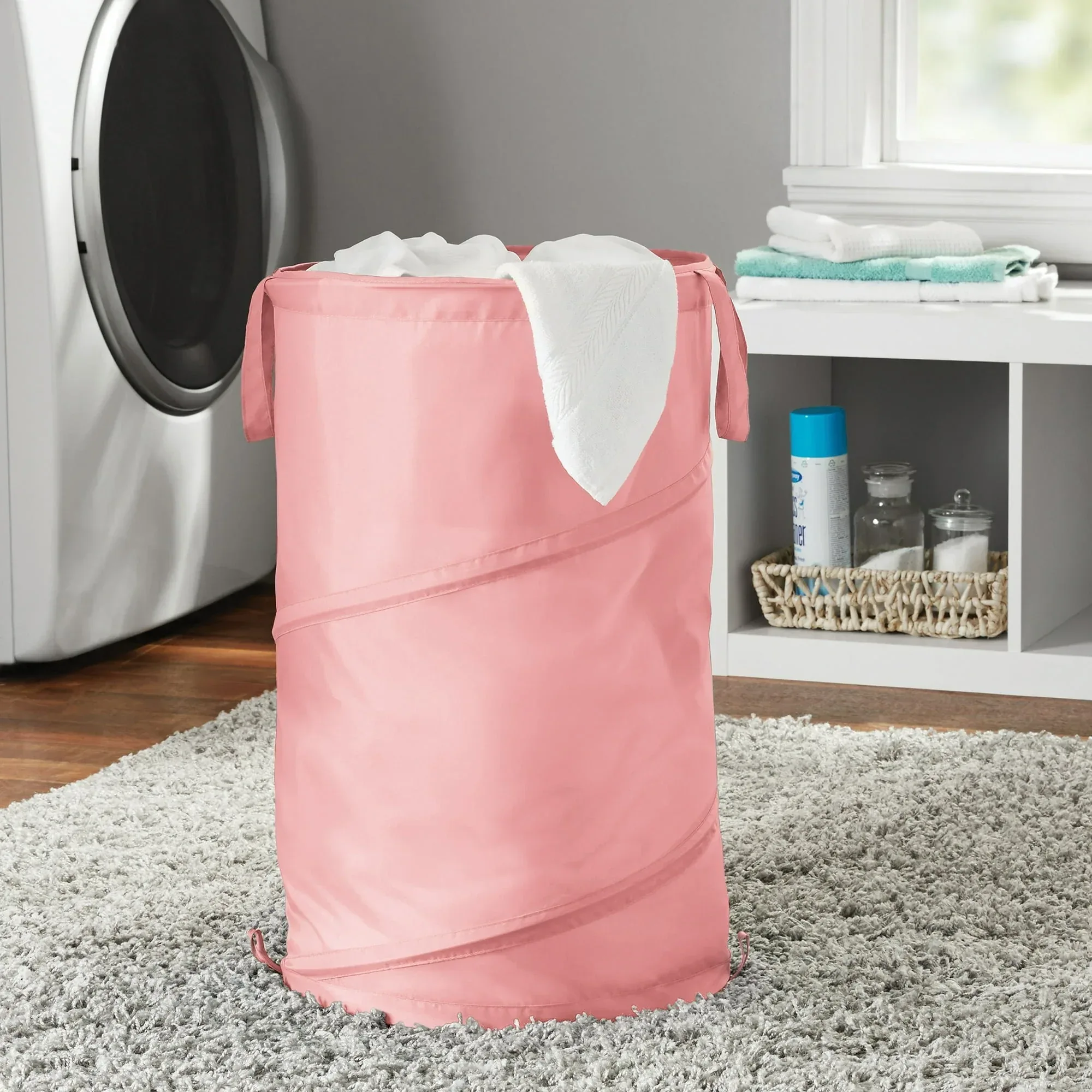 Mainstays Pop-Up Spiral Polyester Laundry Hamper, Pink, Adult - Image 4