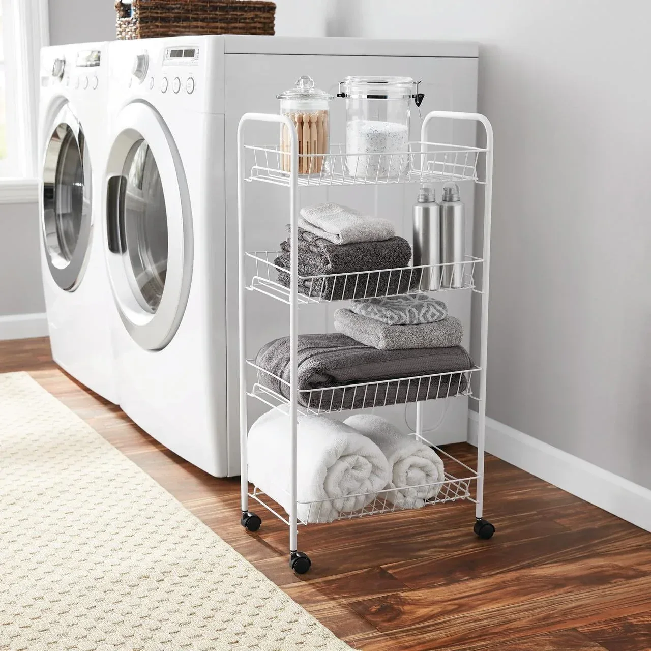 Mainstays Rolling 4-Tier Metal Laundry Basket Cart, White, Adult - Image 6