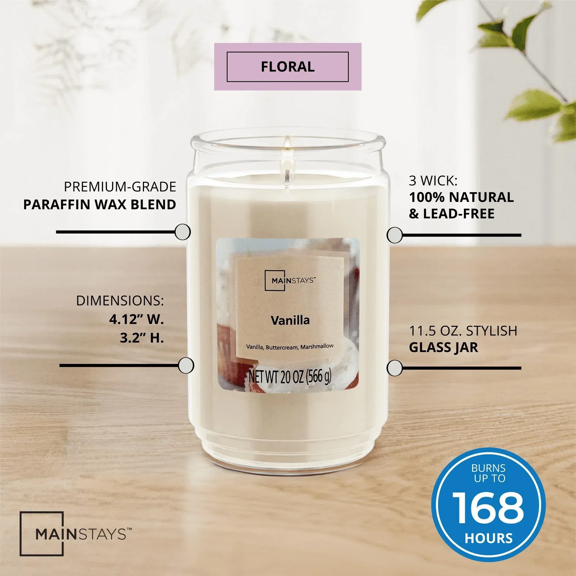 Mainstays Single-Wick Scented Glass Jar Candle, Vanilla, 20oz. - Image 2
