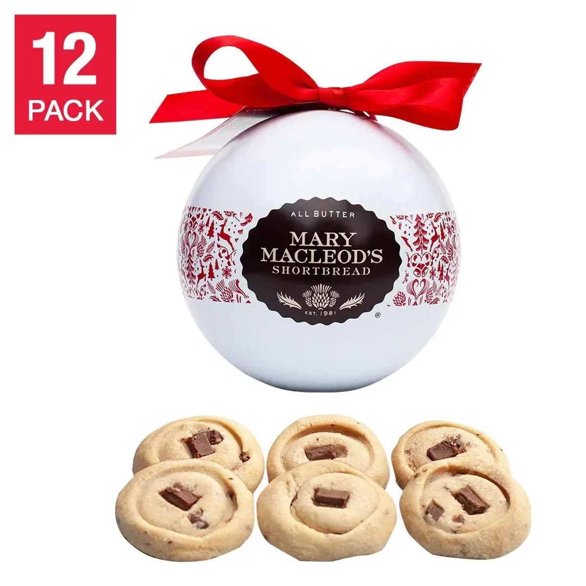 Mary Macleod's Holiday Ornament Tin of Chocolate Crunch Shortbread Cookies, 12 Oranament Tins, 72 Cookies Total - Image 4