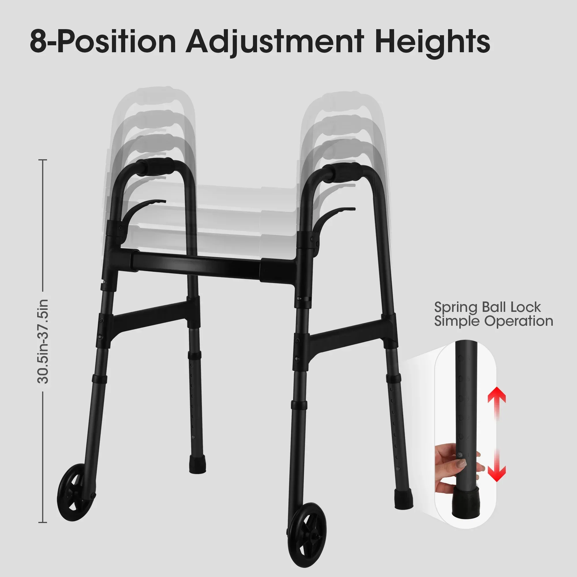 MaxKare Folding Walker with Wheels, 8 Levels Adjustable Height 30.5"-37.5", 300lbs Weight Capacity, Lightweight, for Senior, Black - Image 4
