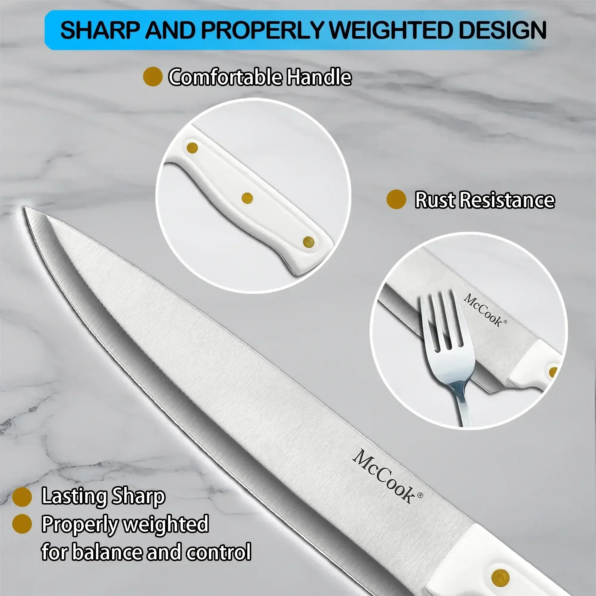 McCook DISHWASHER SAFE MC701 Knife Sets of 26, Stainless Steel Kitchen Knives Block Set with Built-in Knife Sharpener, Measuring Cups and Spoons - Image 12
