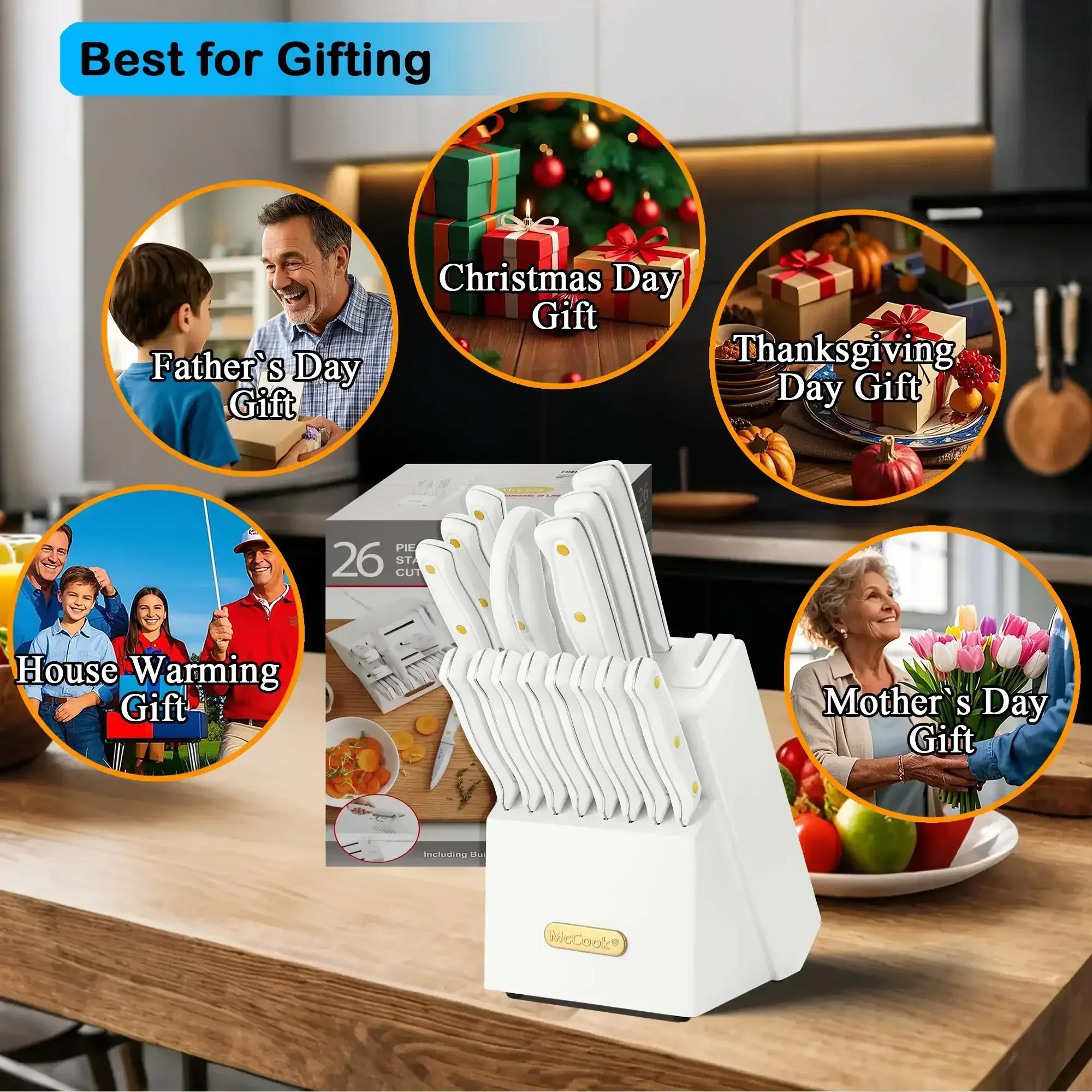 McCook DISHWASHER SAFE MC701 Knife Sets of 26, Stainless Steel Kitchen Knives Block Set with Built-in Knife Sharpener, Measuring Cups and Spoons - Image 16