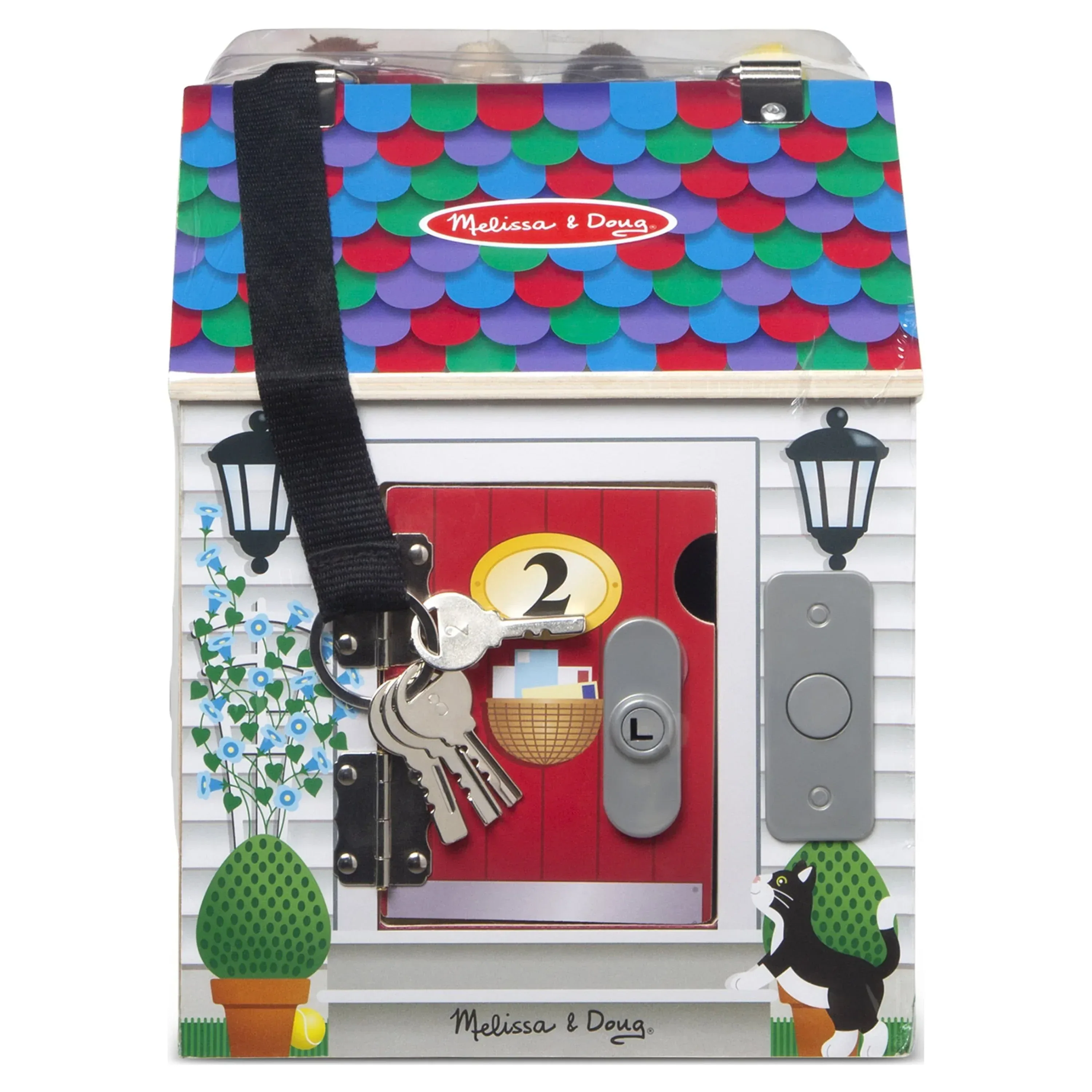 Melissa & Doug Take-Along Wooden Doorbell Dollhouse - Doorbell Sounds, Keys, 4 Poseable Wooden Dolls - Image 3