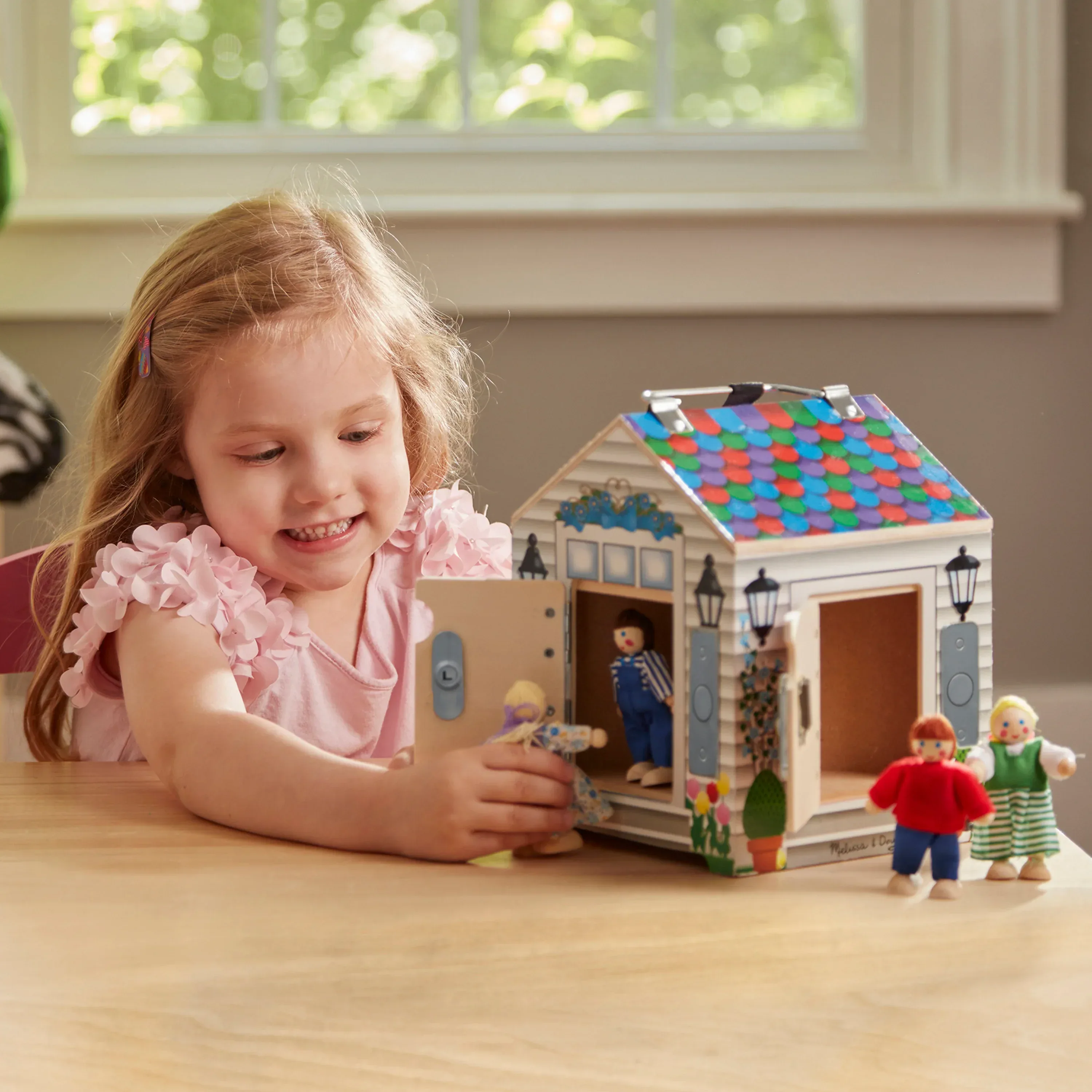 Melissa & Doug Take-Along Wooden Doorbell Dollhouse - Doorbell Sounds, Keys, 4 Poseable Wooden Dolls - Image 6