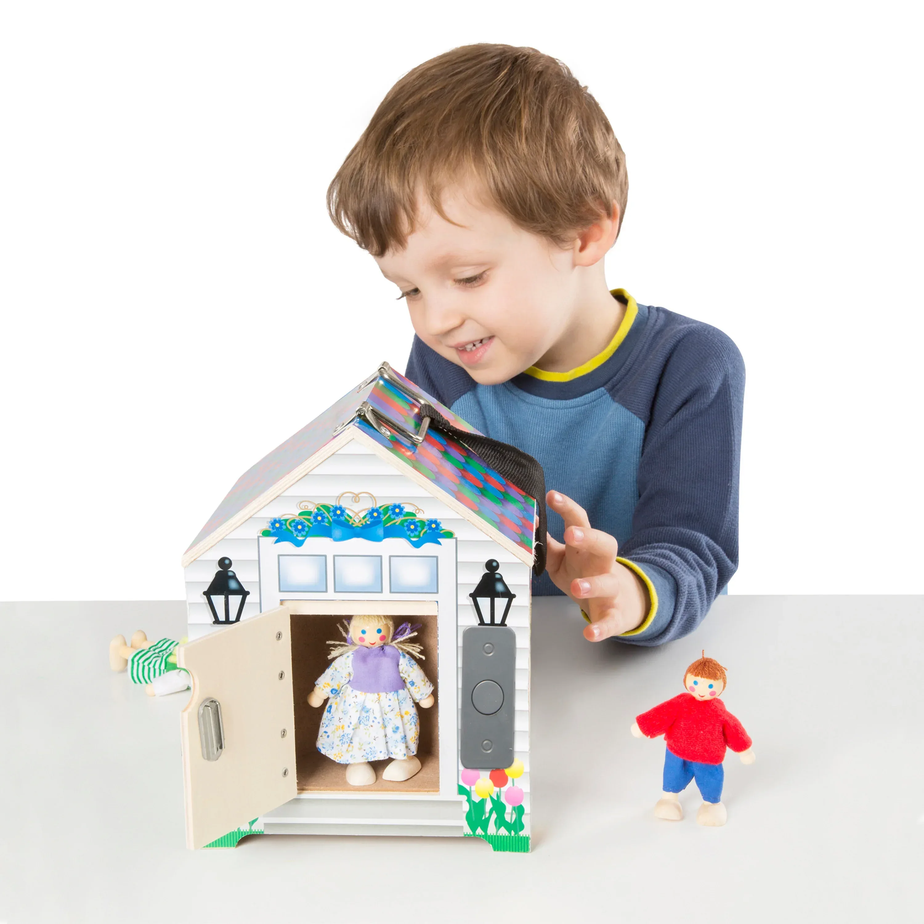 Melissa & Doug Take-Along Wooden Doorbell Dollhouse - Doorbell Sounds, Keys, 4 Poseable Wooden Dolls - Image 8