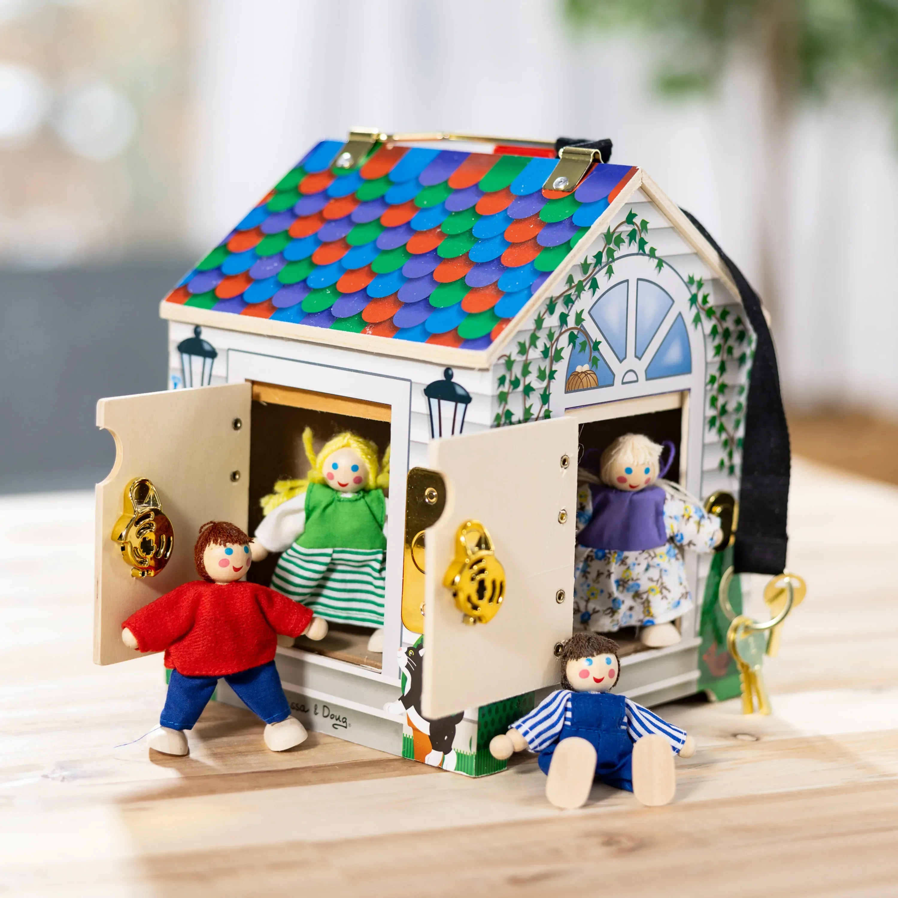 Melissa & Doug Take-Along Wooden Doorbell Dollhouse - Doorbell Sounds, Keys, 4 Poseable Wooden Dolls - Image 9
