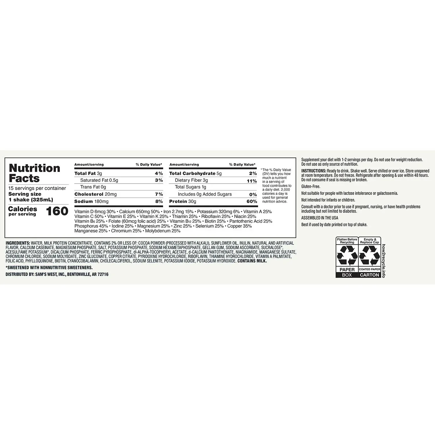 Member's Mark 30g High Protein Nutritional Shake, Chocolate 11 fl. oz., 15 pk. - Image 2
