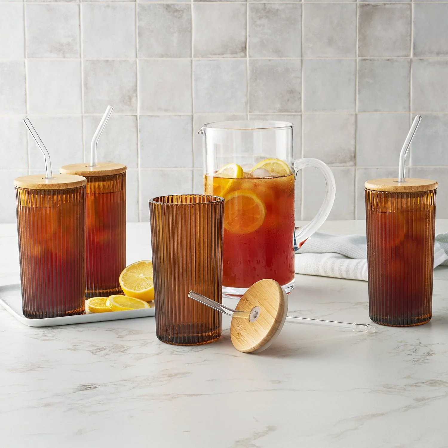 Member's Mark 4-Pack Glass Tumblers with Bamboo Lids - Image 4