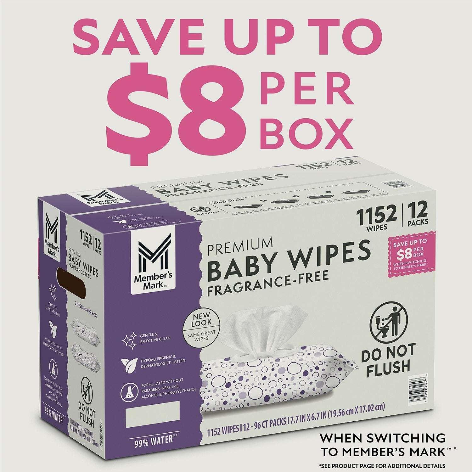 Member's Mark Premium Baby Wipes, Fragrance Free, 12 pk., 1152 Wipes - Image 2