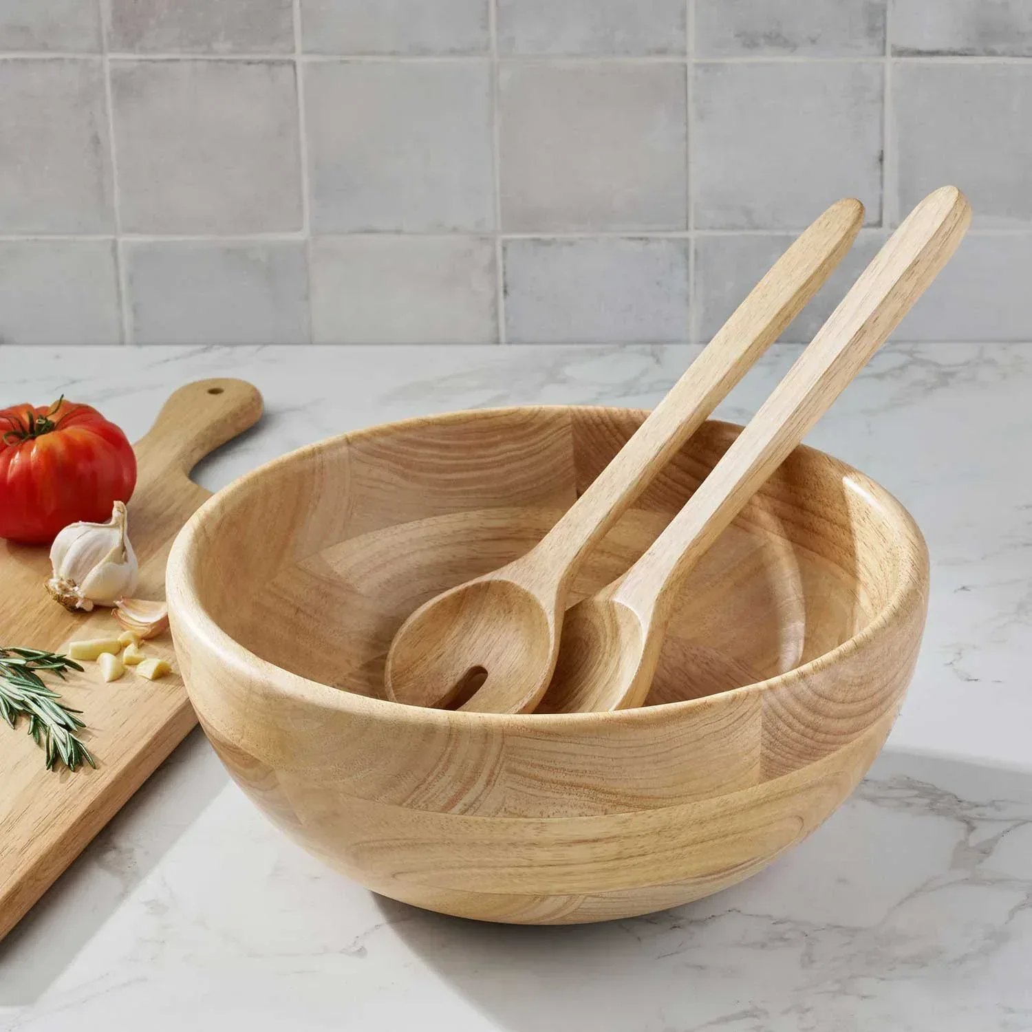 Member's Mark Rubber Wood Salad Bowl with Servers - Image 2