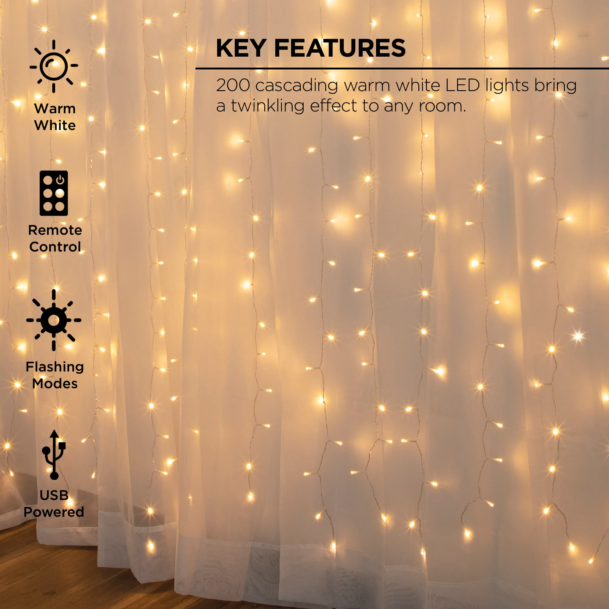 Merkury Innovations 200-Count Warm White LED Curtain String Lights with Remote, USB-Powered, Indoor Use, 7 ft x 6.2 ft, - Image 3